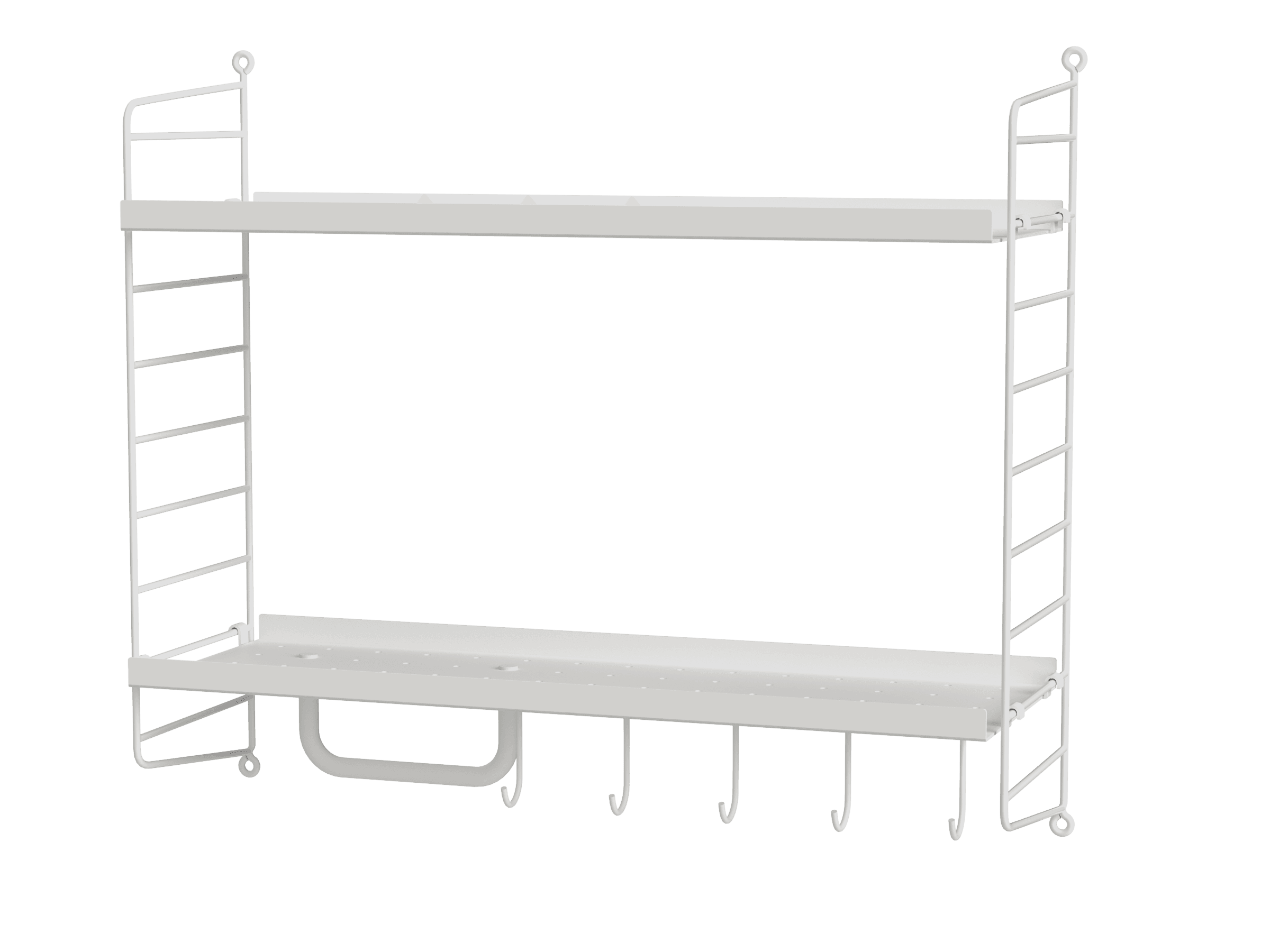 For the smallest bathrooms, we have a wall-hung 20 cm deep and 50 cm high combination. It only has two shelves, making it possible for you to store higher objects. The lower metal shelf has added hooks and a rod for increased storage.