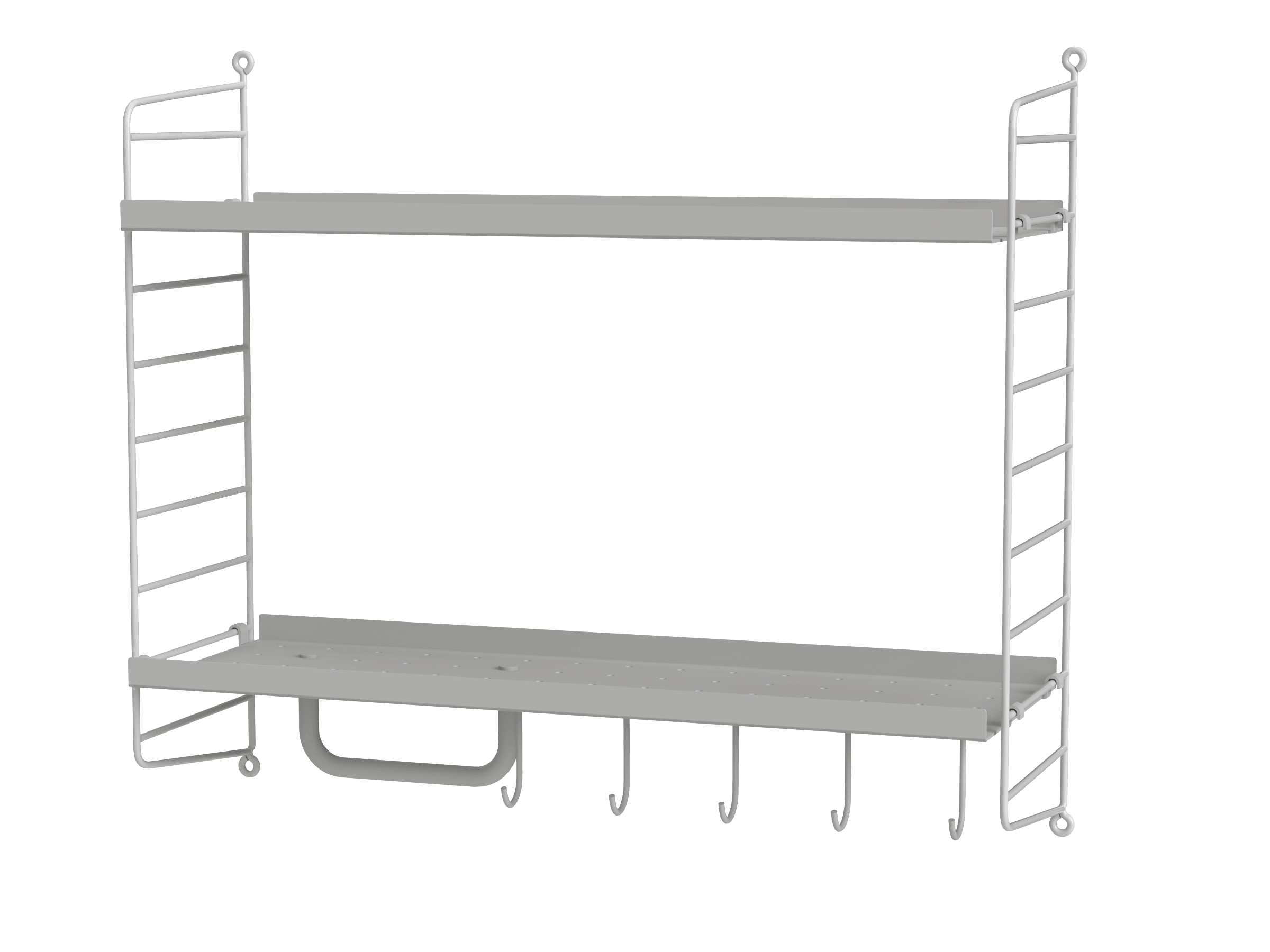 For the smallest bathrooms, we have a wall-hung 20 cm deep and 50 cm high combination. It only has two shelves, making it possible for you to store higher objects. The lower metal shelf has added hooks and a rod for increased storage.