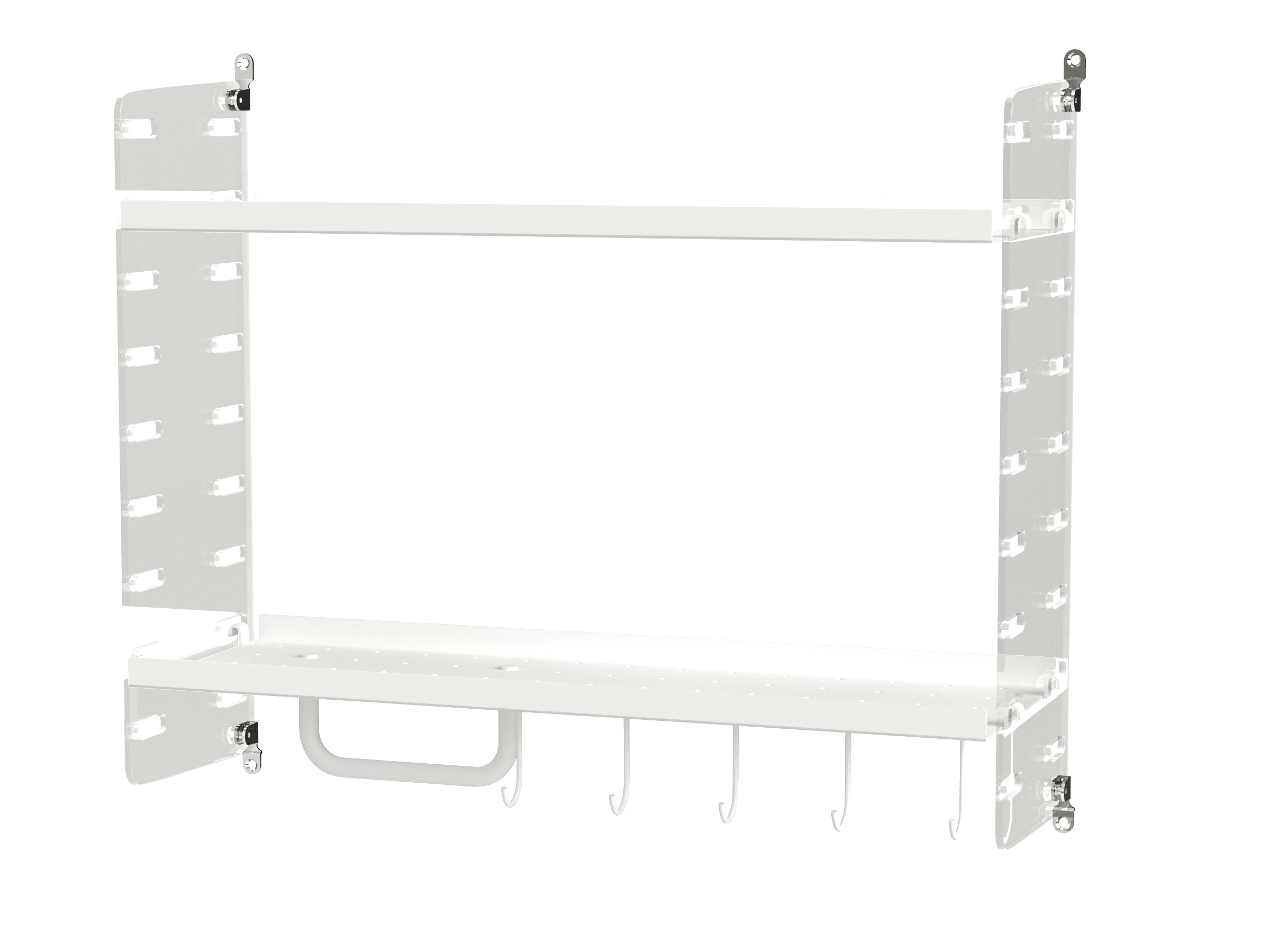 For the smallest bathrooms, we have a wall-hung 20 cm deep and 50 cm high combination with wall panels in clear plex. It only has two shelves, making it possible for you to store higher objects. The lower metal shelf has added hooks and a rod for increased storage.