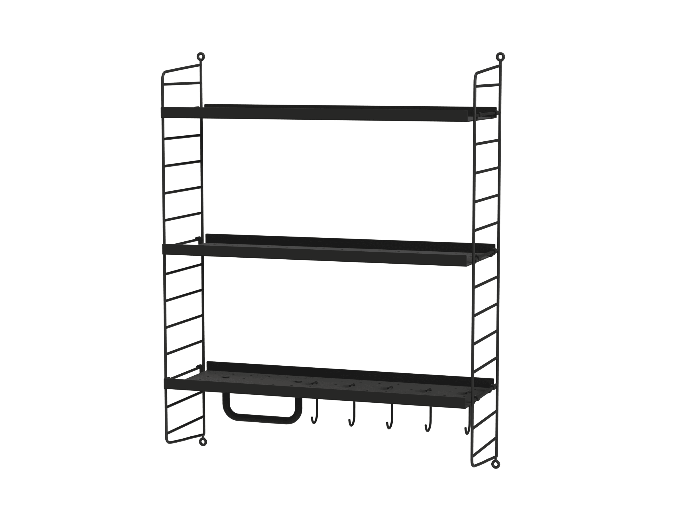 For the smaller bathrooms, we have a wall-hung 20 cm deep and 75 cm high combination It has three shelves with added hooks and a rod for increased storage.