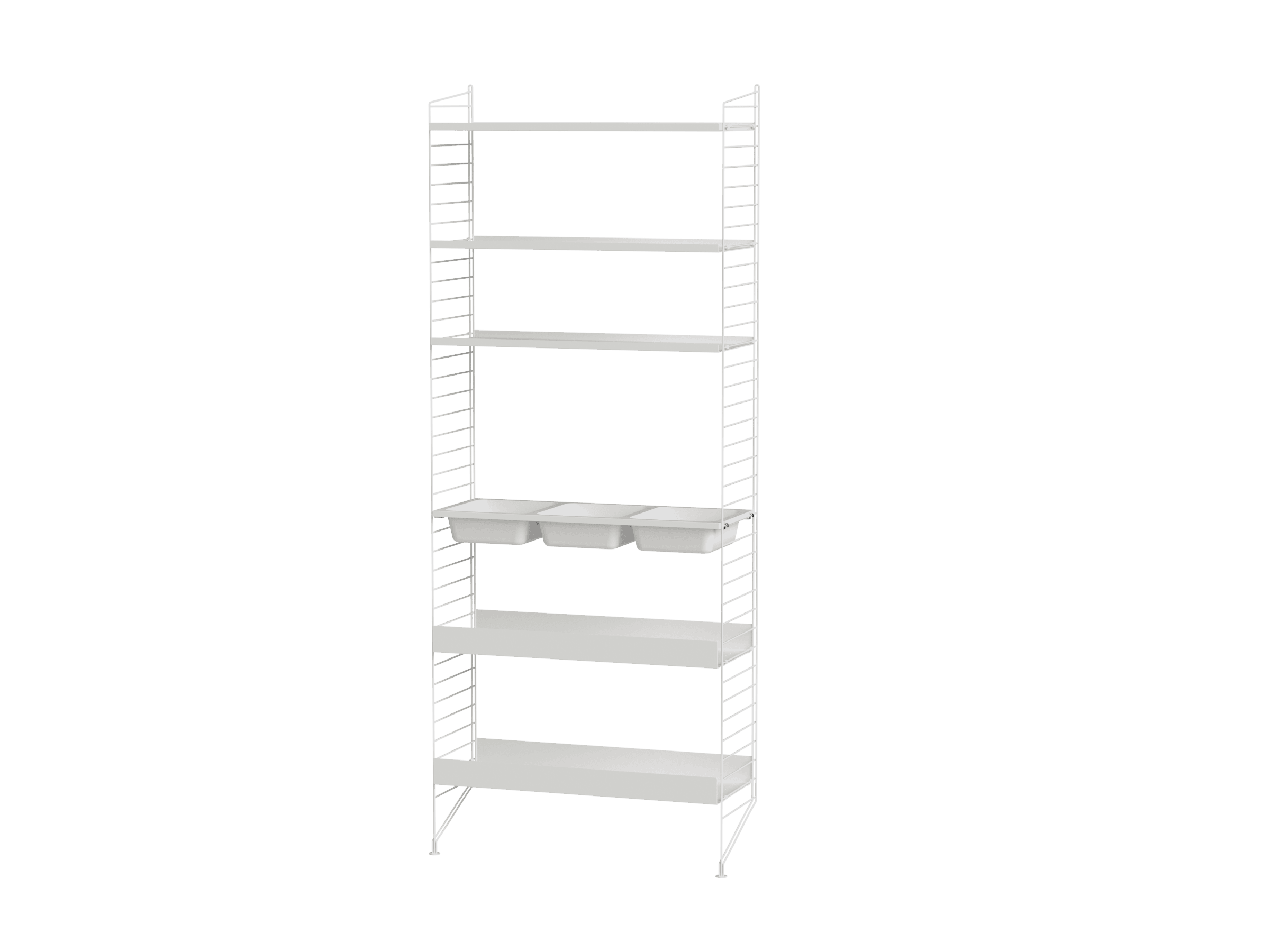 Combinación de suelo para mantener ordenados todos sus artículos de tocador y toallas. Los paneles de suelo de 200 cm de altura ofrecen una gran cantidad de espacio para agregar varios estantes. La mezcla de estantes de madera y metálicos de borde alto permite crear combinaciones dinámicas. Y un detalle muy importante: un estante Bowl para todos esos artículos pequeños que le cuesta trabajo encontrar.