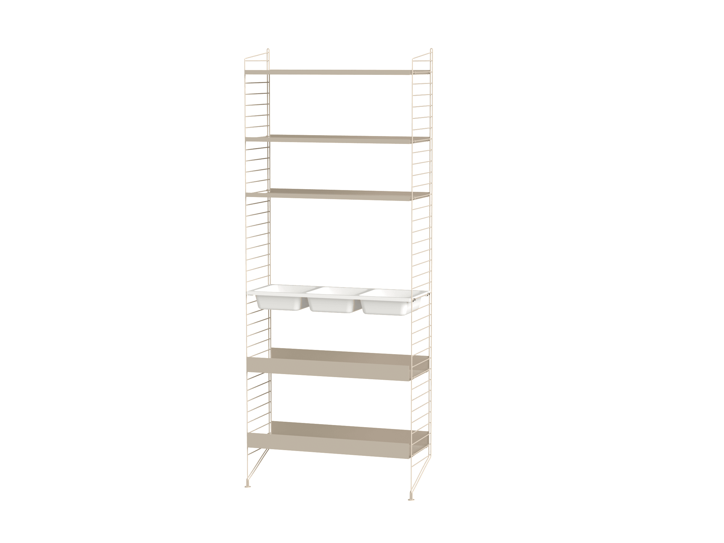 Combinación de suelo para mantener ordenados todos sus artículos de tocador y toallas. Los paneles de suelo de 200 cm de altura ofrecen una gran cantidad de espacio para agregar varios estantes. La mezcla de estantes de madera y metálicos de borde alto permite crear combinaciones dinámicas. Y un detalle muy importante: un estante Bowl para todos esos artículos pequeños que le cuesta trabajo encontrar.