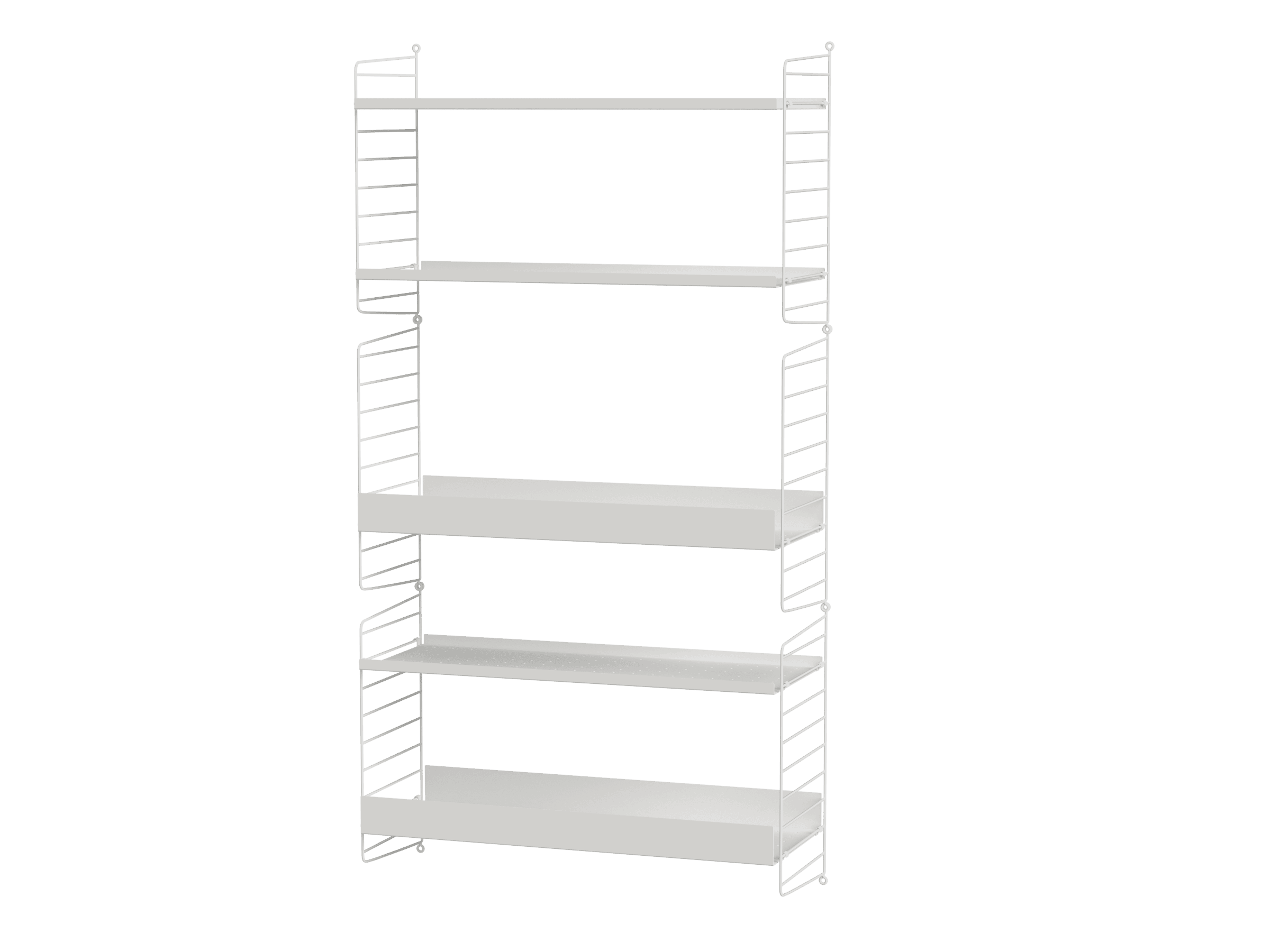 Wall-hung shelf in three sections. A mix of metal shelves with high and low edge adds character to the shelf and order to your kids room. The high edge shelves magically give the impression of tidiness when they hide parts of the mess.