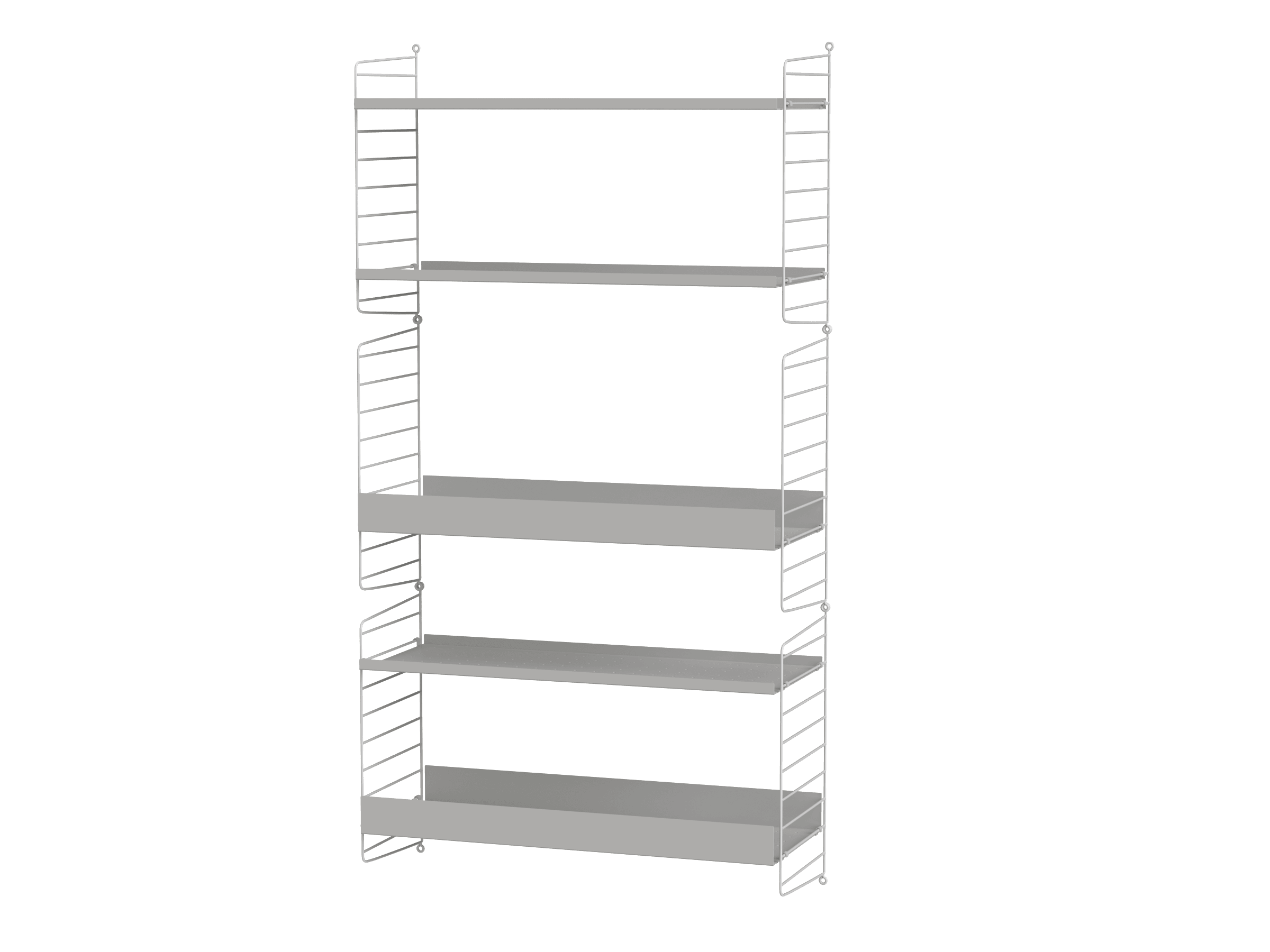 Wall-hung shelf in three sections. A mix of metal shelves with high and low edge adds character to the shelf and order to your kids room. The high edge shelves magically give the impression of tidiness when they hide parts of the mess.