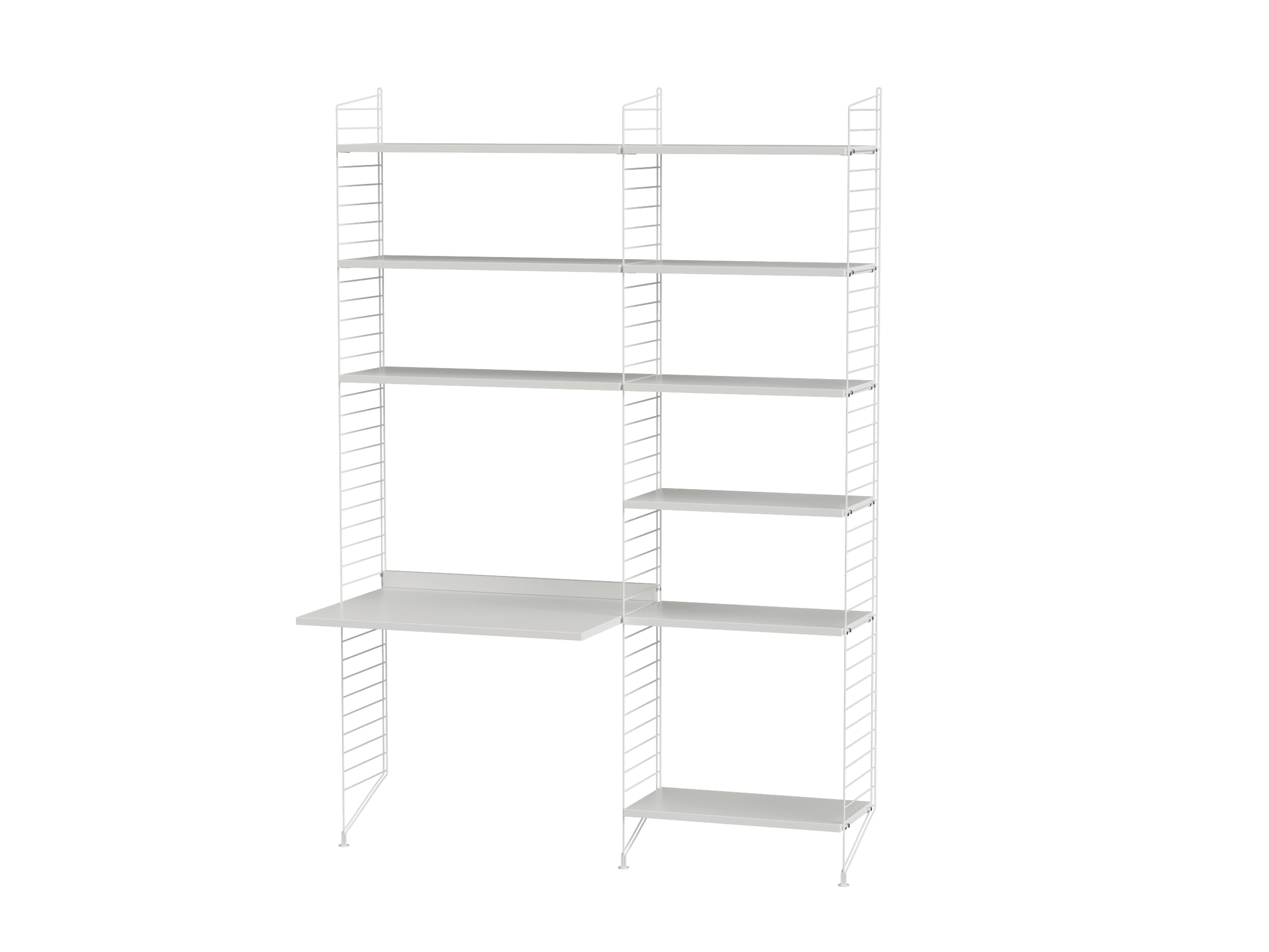 Destinée aux pièces plus spacieuse, cette combinaison à poser au sol vous offrira de nombreuses possibilités de rangement, mais également un espace de création pour les enfants. Grâce au bureau fixé au niveau de la section inférieure gauche, il ne manque que les stylos et le papier pour créer un espace de divertissement.