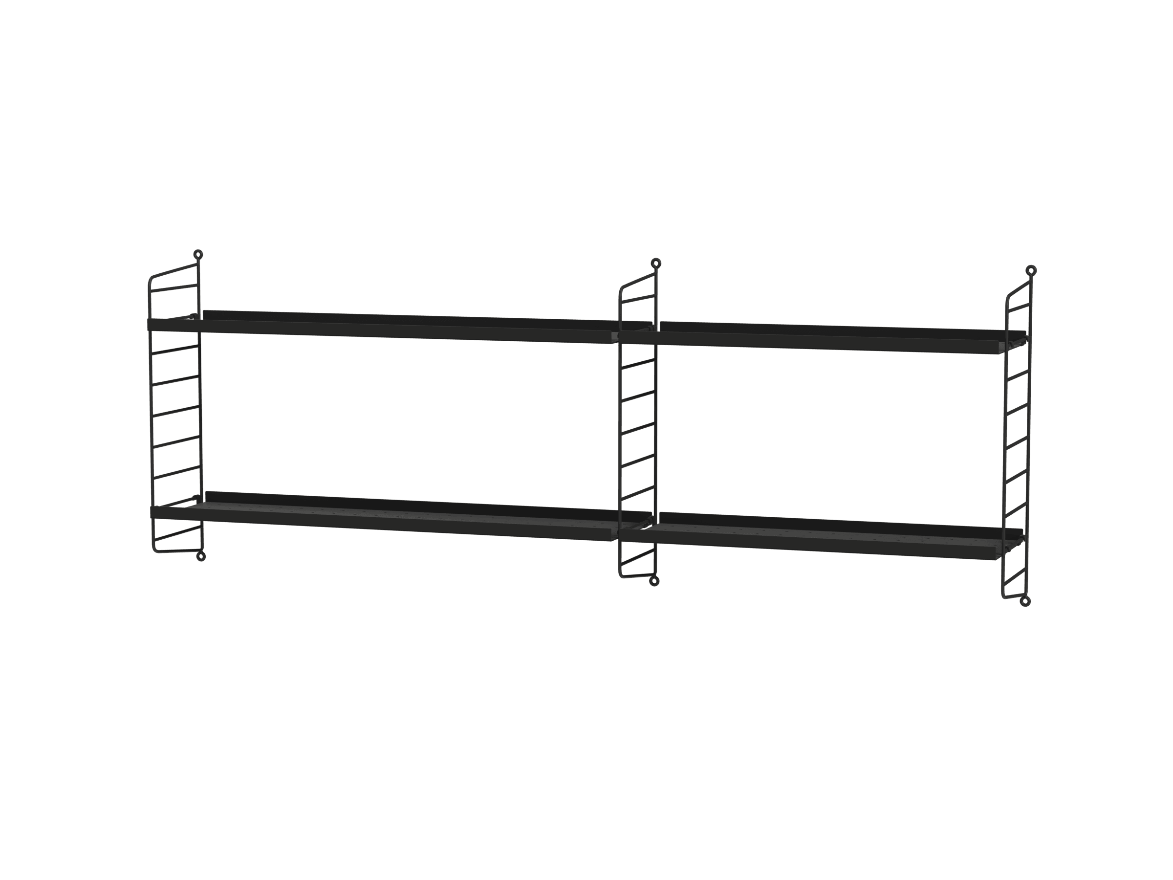 Cette combinaison en deux sections à fixer au mur présente une profondeur de seulement 20 cm mais offre suffisamment d’espace entre les étagères pour ne pas devoir se limiter aux objets de petite taille. Une combinaison d’étagères métal d'une profondeur de 78 cm et d’une profondeur de 58 cm permet d’obtenir un ensemble simple mais intéressant.