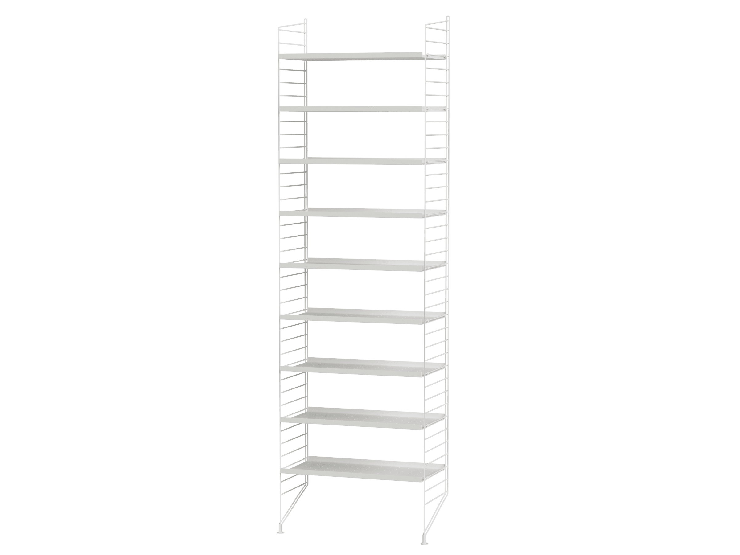 Det här prydliga 200 cm höga och 30 cm djupa hyllsystemet ger dig all förvaringsyta du behöver utan att själv ta upp för mycket plats i din hall. Med perforerade metallhyllplan hard du möjligheten att lägga till accessoarer.