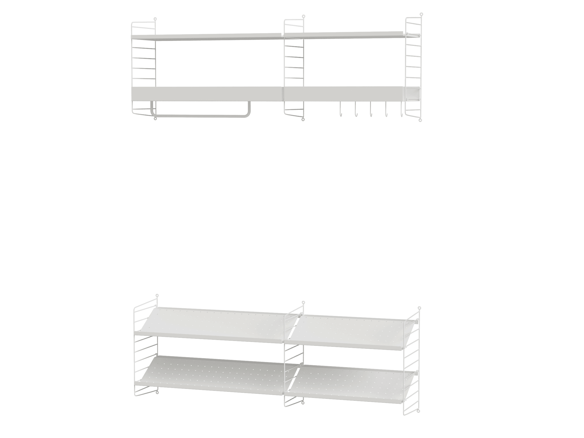 Split your hallway combination in two and add hooks and rods for your outerwear and perforated shoe shelves on the wall hung panels. This combination will keep your hallway tidy while looking stylish.