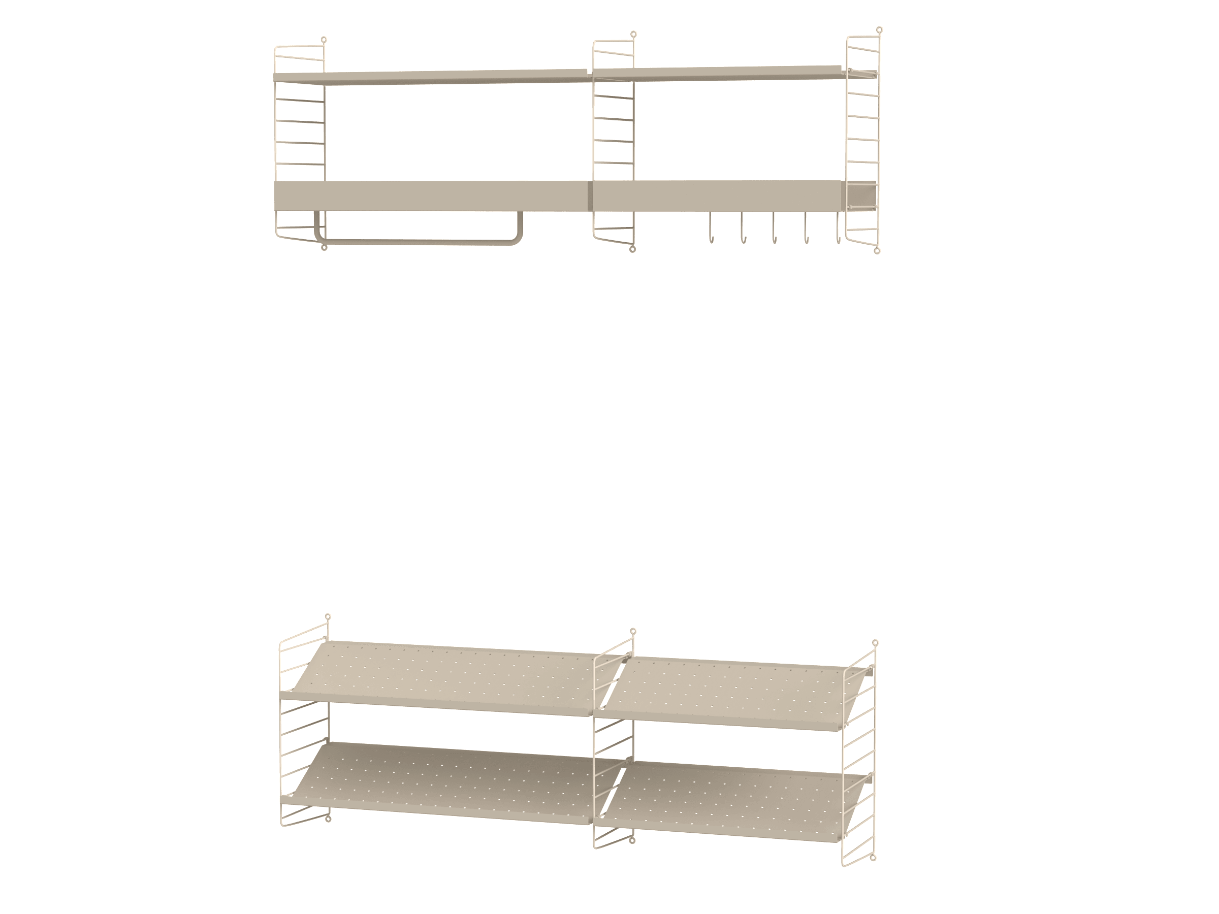 Divida su combinación de pasillo en dos y agregue ganchos y barras de colgar para prendas de abrigo y estantes perforados para zapatos en los paneles murales. Esta combinación mantendrá su pasillo ordenado y le aportará una imagen moderna.