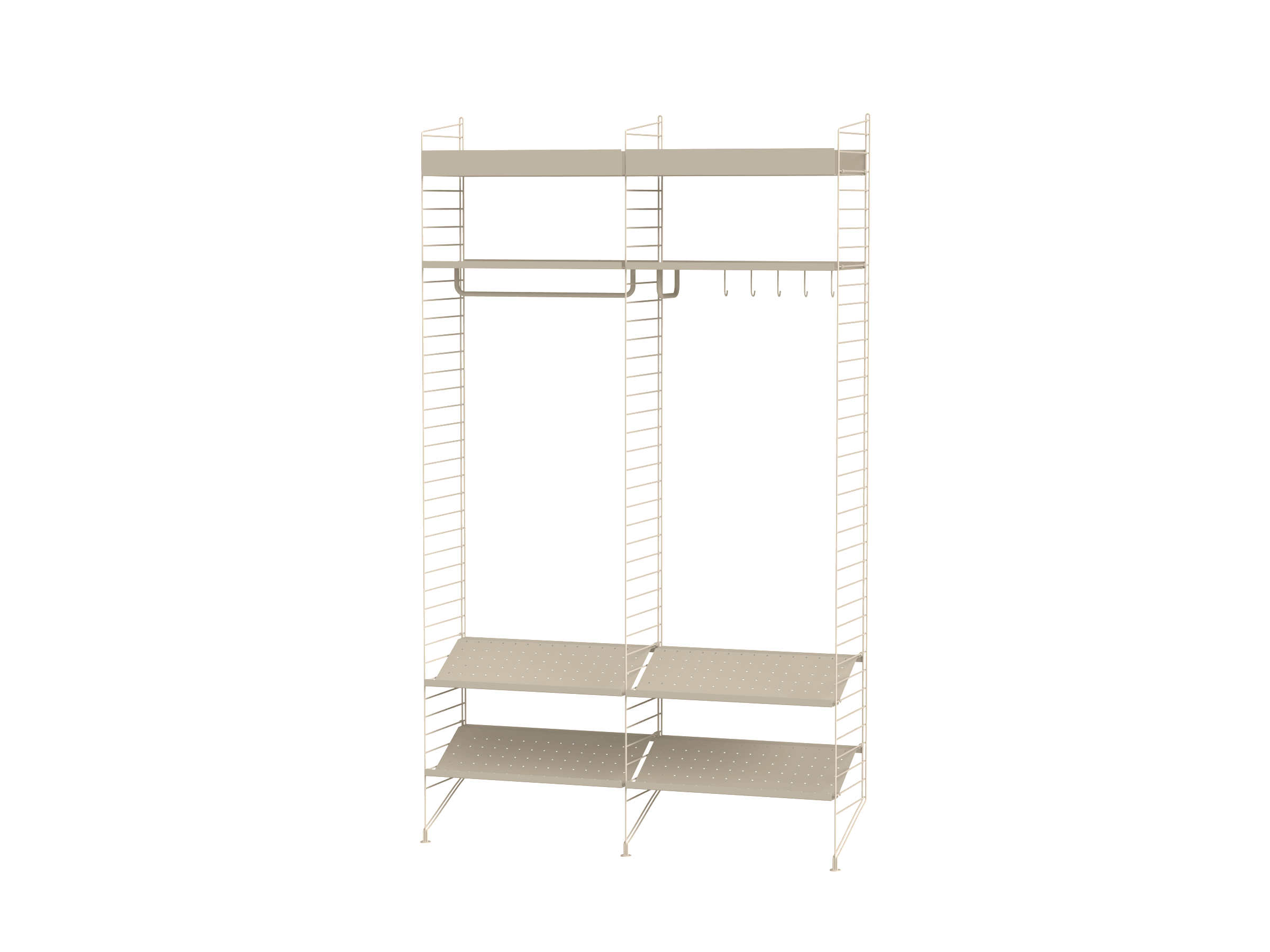 För den mer rymliga hallen har vi detta hyllsystem med all funktioner du någonsin kommer behöva. Metallhyllplan med hög kant högst upp, metallhyllplan med låg kan under med adderade accessoarer så som stång och krokar för dina ytterkläder. Perforerade skohyllor längst ner med plats för många par skor -  allt i ett hyllsystem.