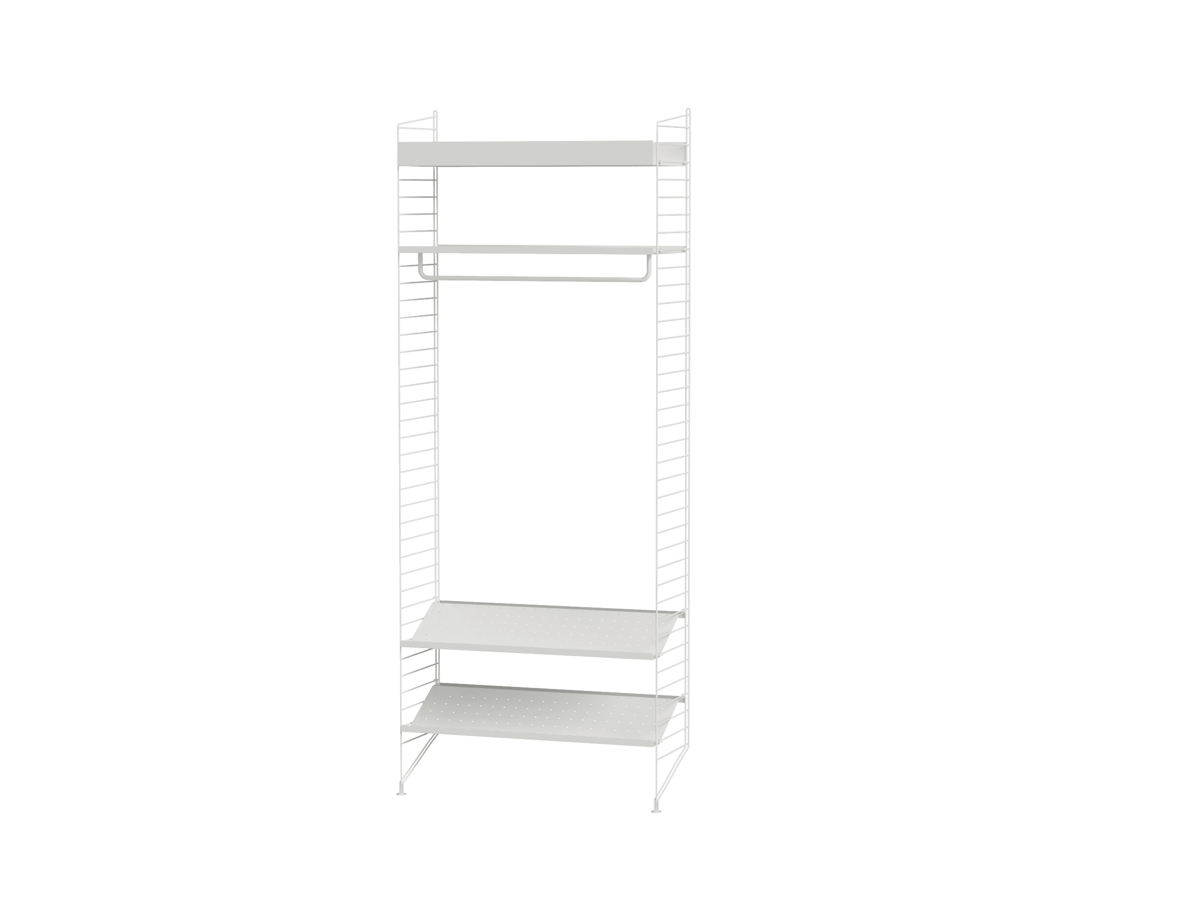 For the medium sized hallway, you have this combination with all the features you could possibly need. Metal shelf with high edge at the top, metal shelf with low edge below with an added rod for your outerwear.