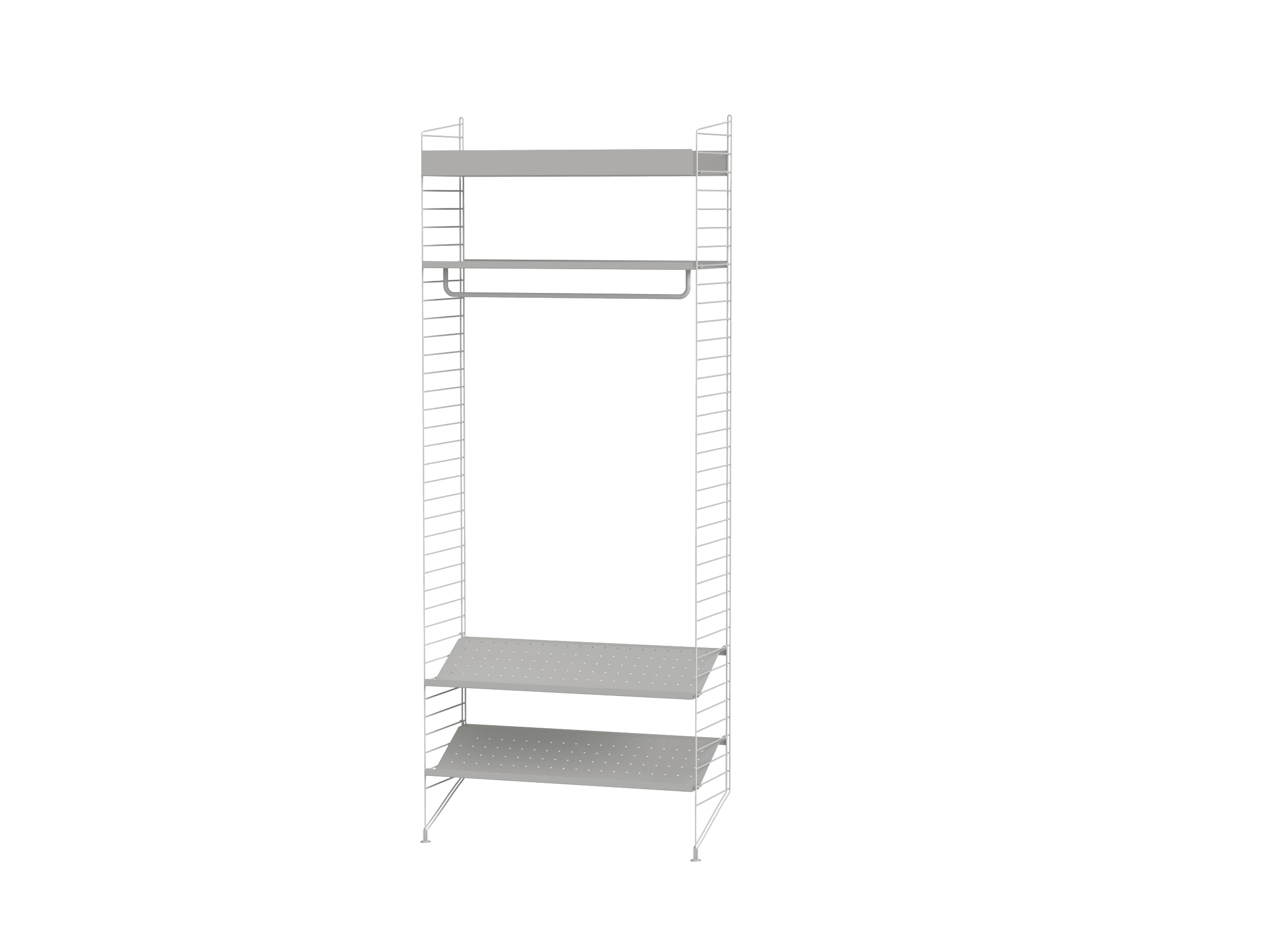 For the medium sized hallway, you have this combination with all the features you could possibly need. Metal shelf with high edge at the top, metal shelf with low edge below with an added rod for your outerwear.