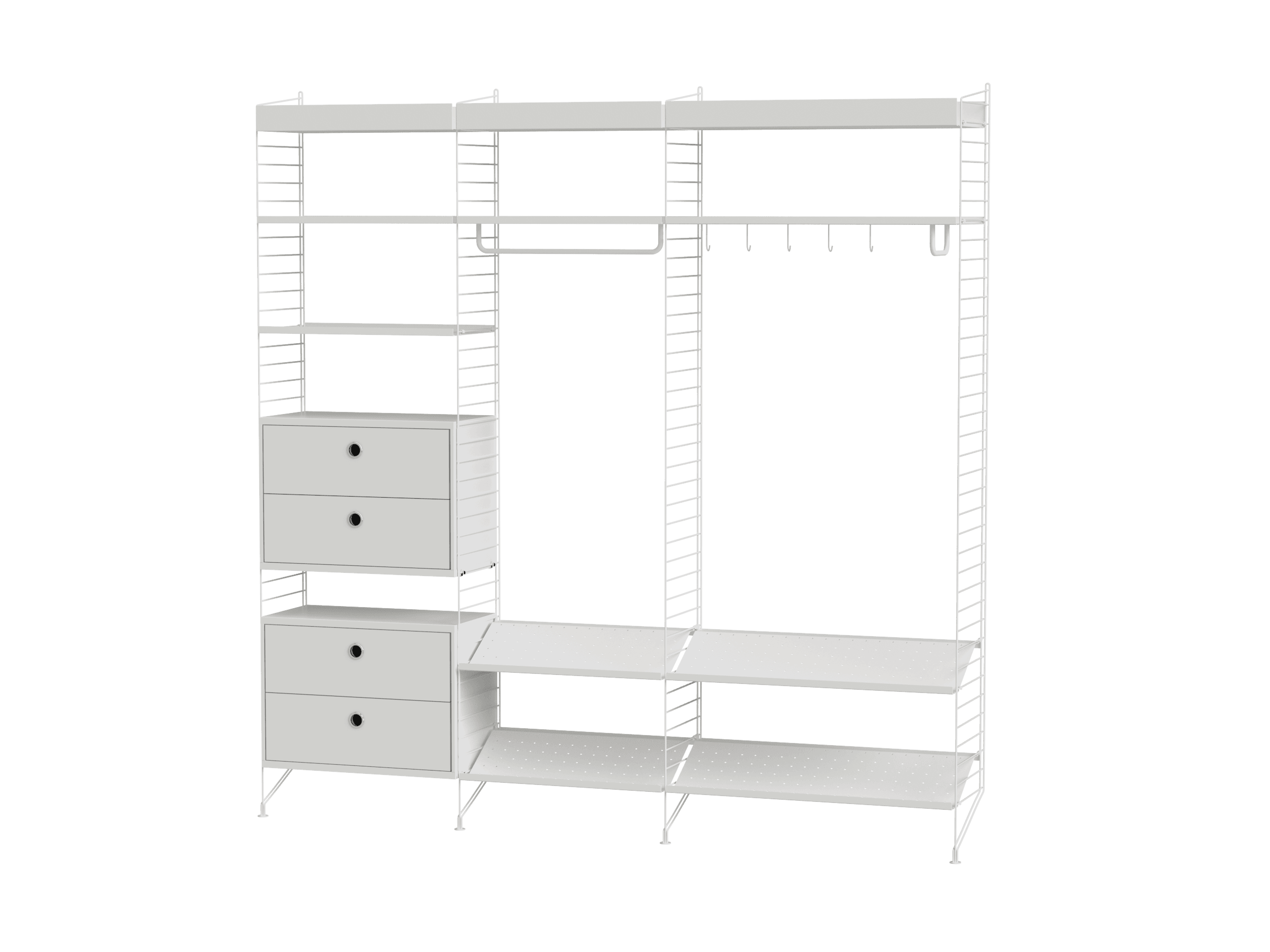 Vous disposez d'une entrée spacieuse ? Alors nous avons LA solution qu'il vous faut. Cette combinaison possède tous les éléments dont vous rêvez. Tiroirs, étagères à chaussures, étagères métal à bord haut et à bord bas et nombreux endroits pour positionner des accessoires tels que des barres et crochets, en fonction de vos préférences.