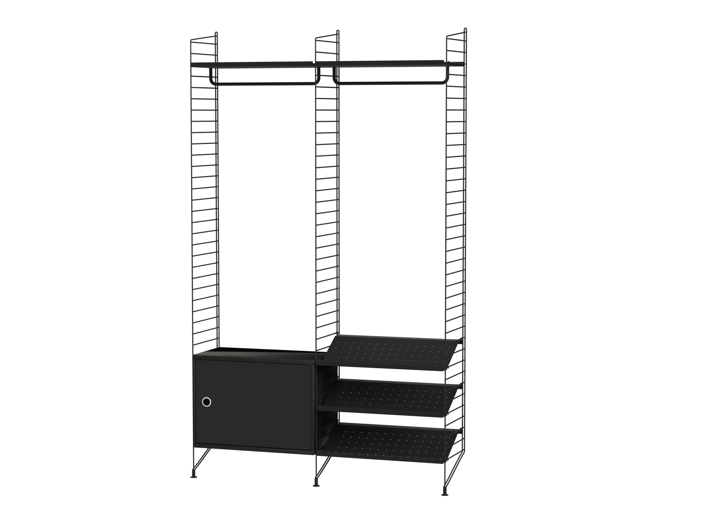 String shelf optimal for your hallway. Floor panels, metal shelves with low edge, shoe shelves, cabinet with swing door, rods, and hooks. This hallway shelving combination will take care of all your outerwear, bags, and shoes.