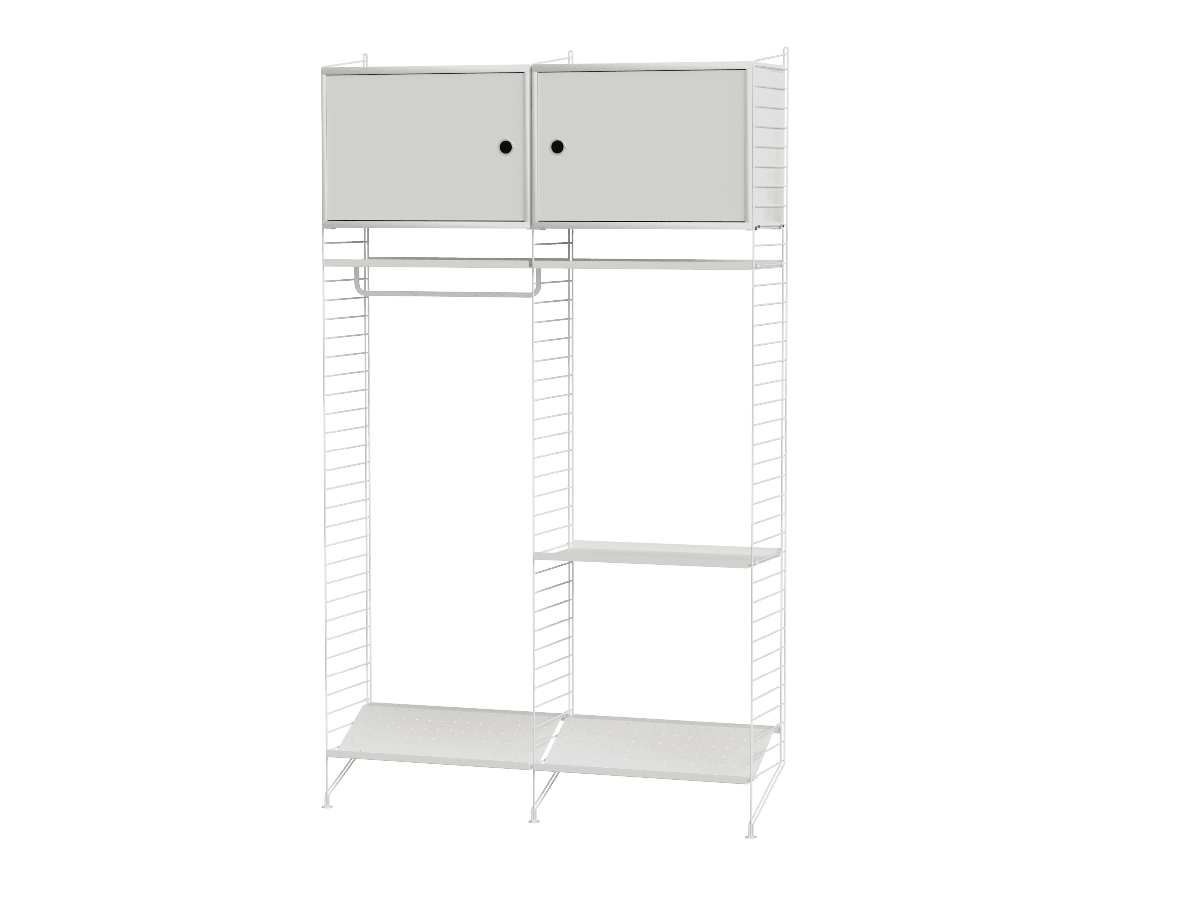 String shelf optimal for your hallway. Floor panels, metal shelves with low edge, cabinets with swing door and shoe shelves, rods, and hooks. This hallway shelving combination will take care of all your outerwear, bags, and shoes while it gives you the option of hidden storage as well.