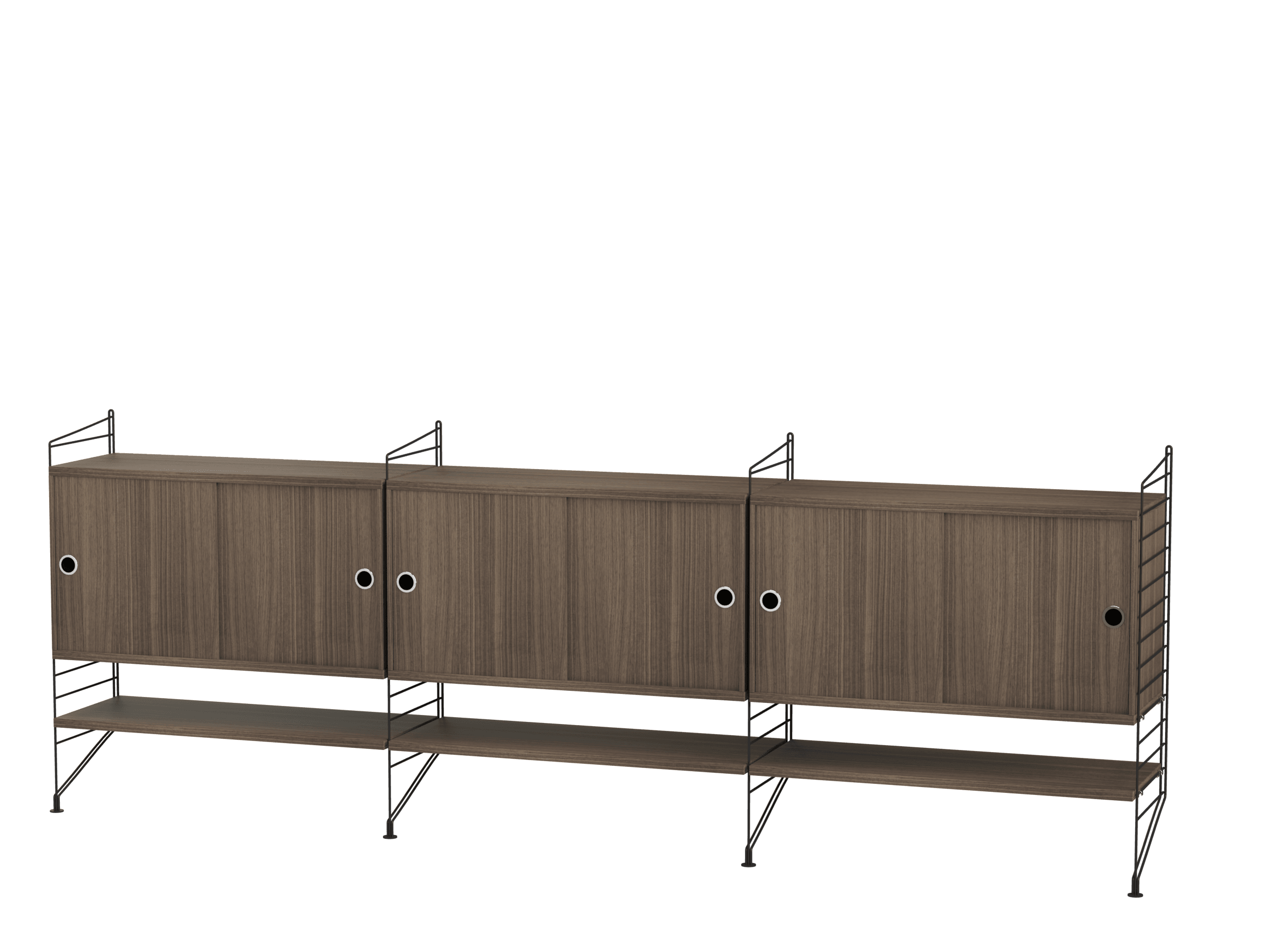 Elegant and clean floor mounted sideboard solution with plenty of storage possibilities with added shelves underneath perfect for your favourite paperback books. Panels in brown.