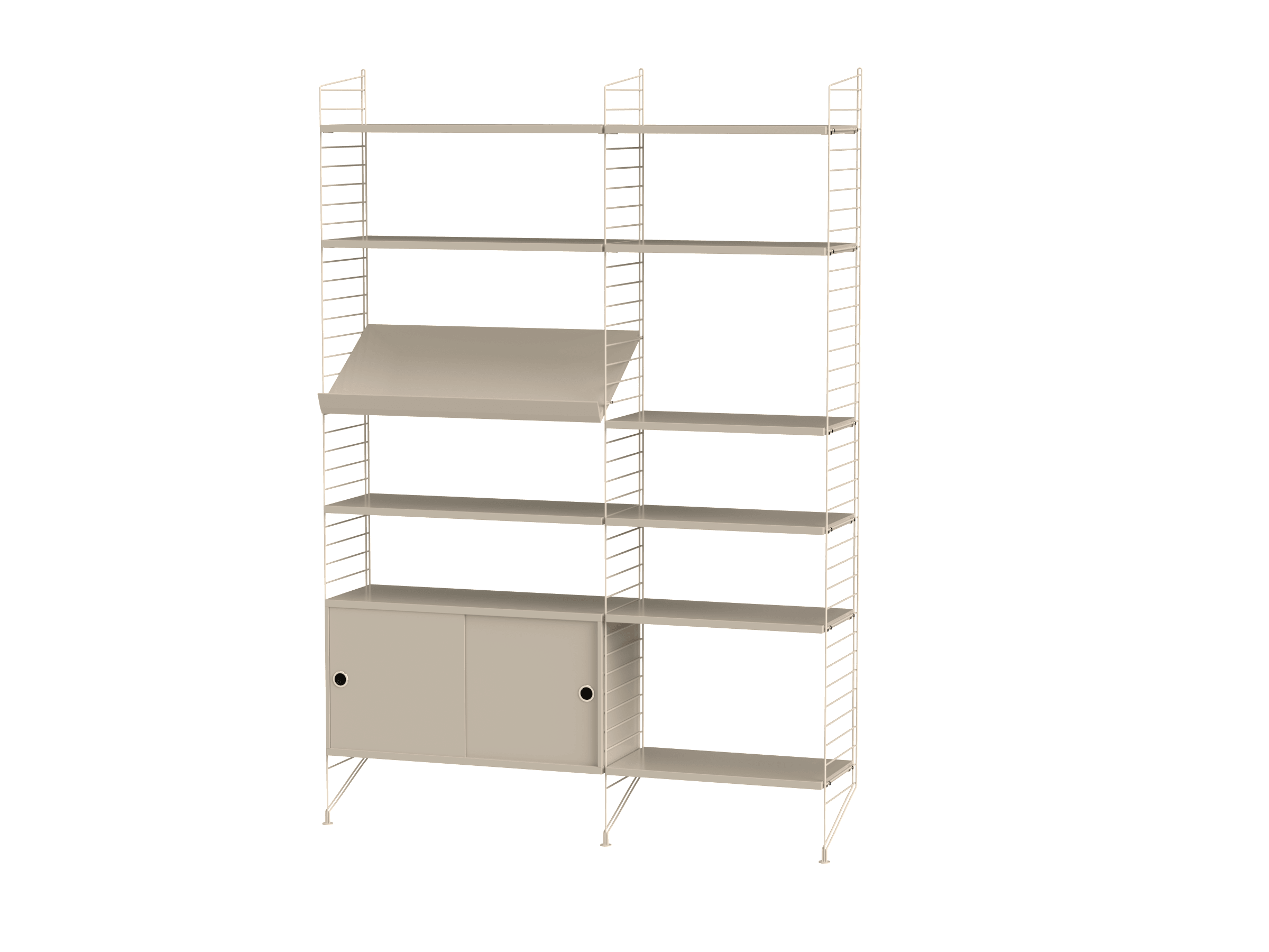 Cette combinaison de taille moyenne possède tous les éléments dont vous rêvez. Rangez vos objets favoris et vos livres sur les étagères, vos revues sur l’étagère inclinée et cachez le reste de vos affaires dans le caisson. Cette combinaison répondra à toutes vos attentes.