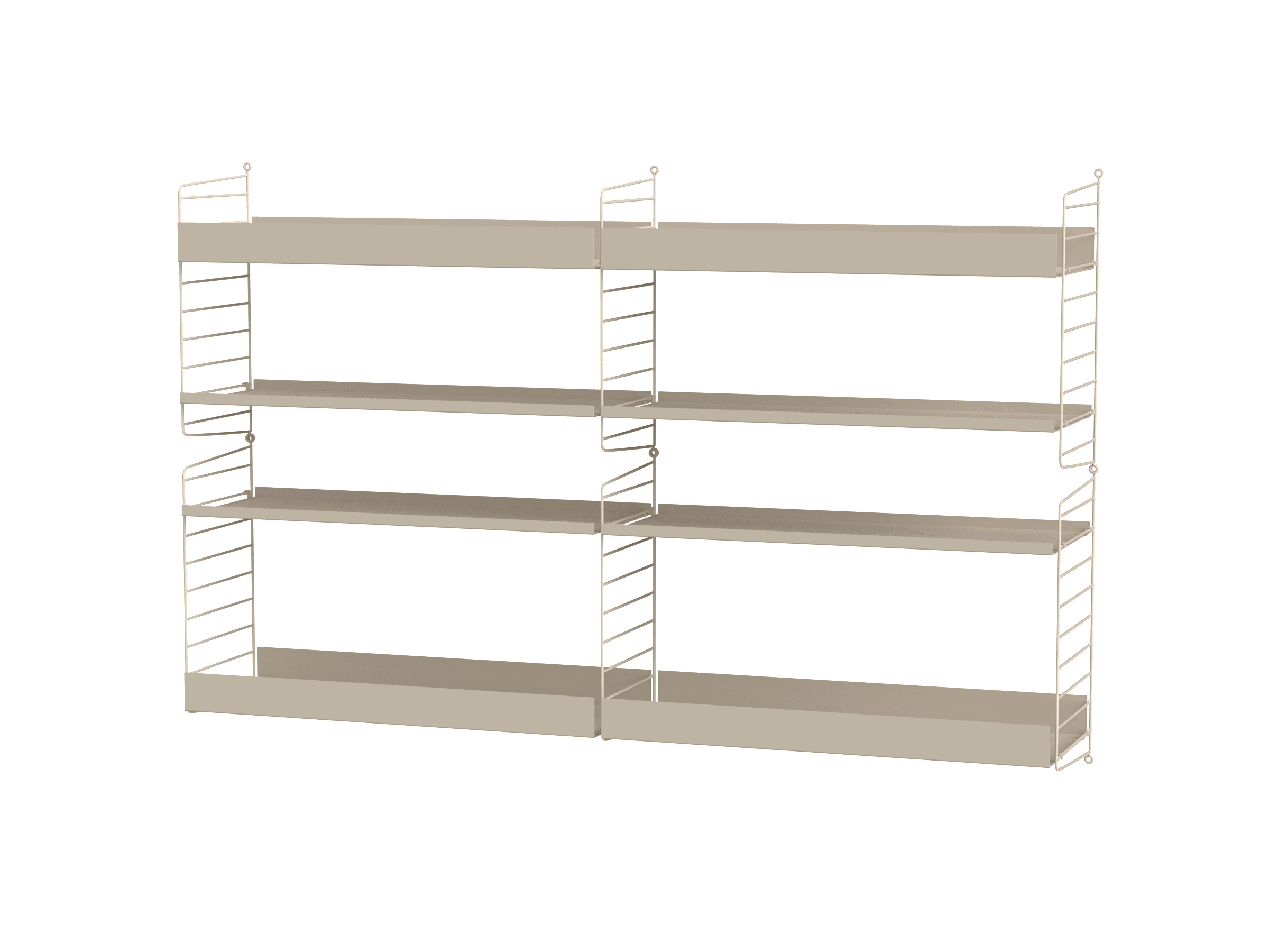 Combinaison à fixer au mur composée d’un mélange d'étagères métal à bord haut et bas. Esthétique agréable à l'œil, les bords hauts permettant de cacher certaines choses telles que la télécommande de la télévision.