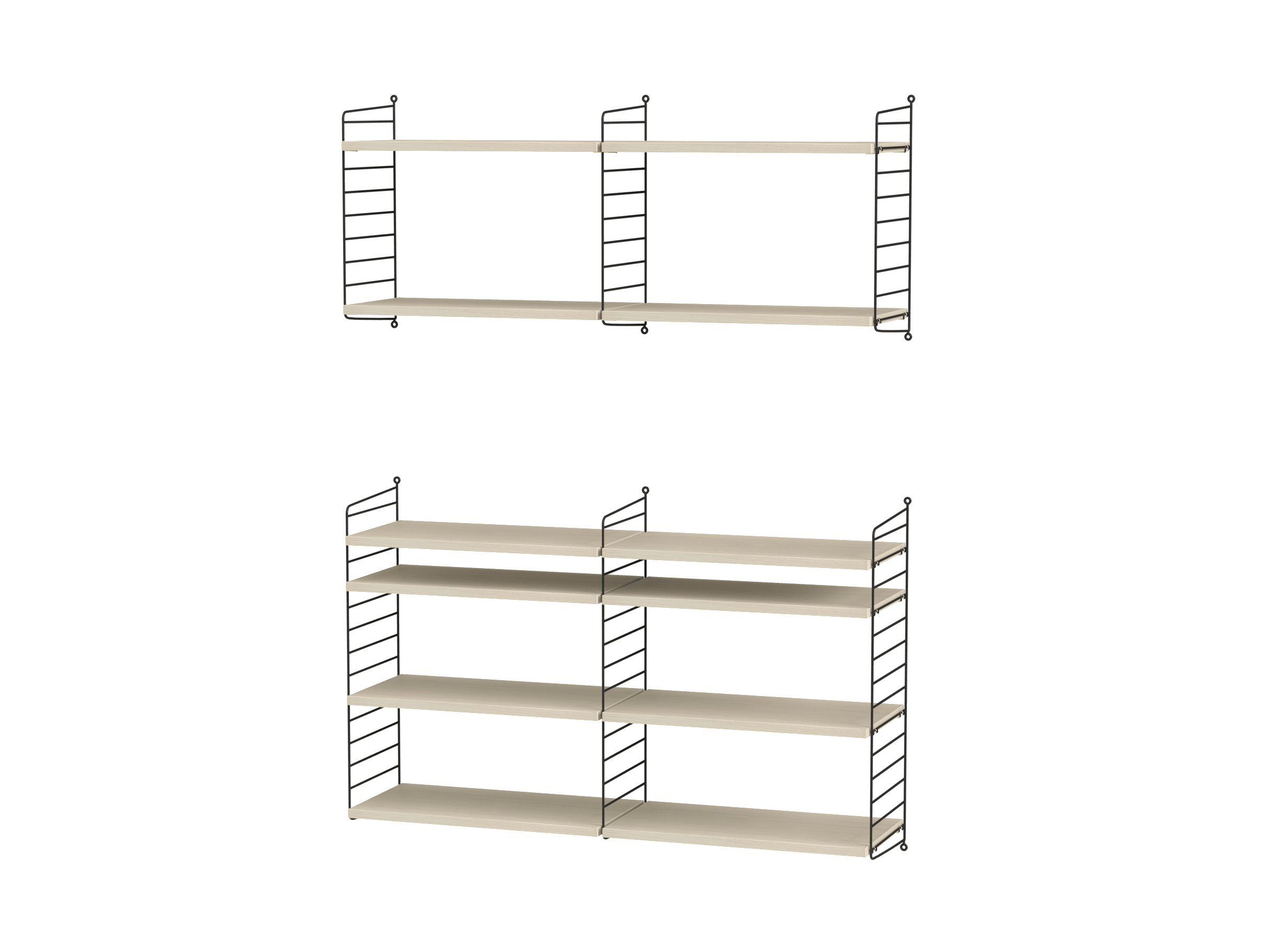 Wall-hung combination divided in two separate sections. Perfect for the living room where there often is a need to display lengthier items, such as a vase filled with flowers. With a total of 12 shelves you have plenty of space for books and other objects.