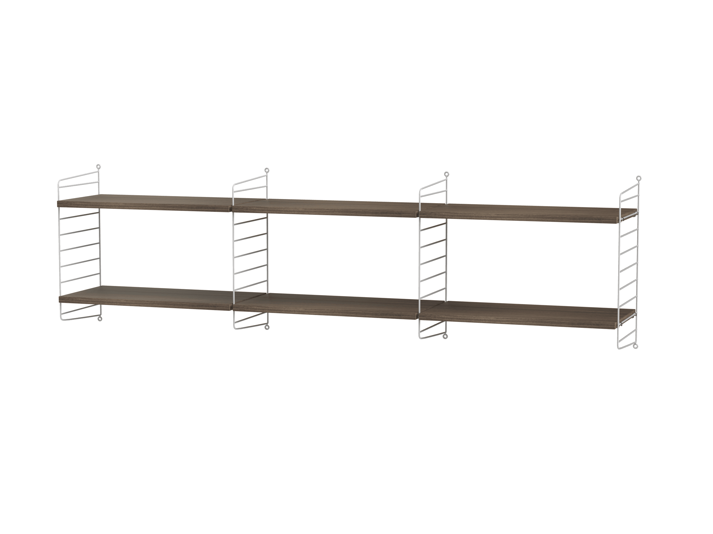 Ultra-simple au premier coup d'œil, mais cependant bien pratique. Combinaison à fixer au mur dotée de six étagères réparties sur trois sections. Déposez-y ce que vous voulez, des livres aux affiches encadrées.