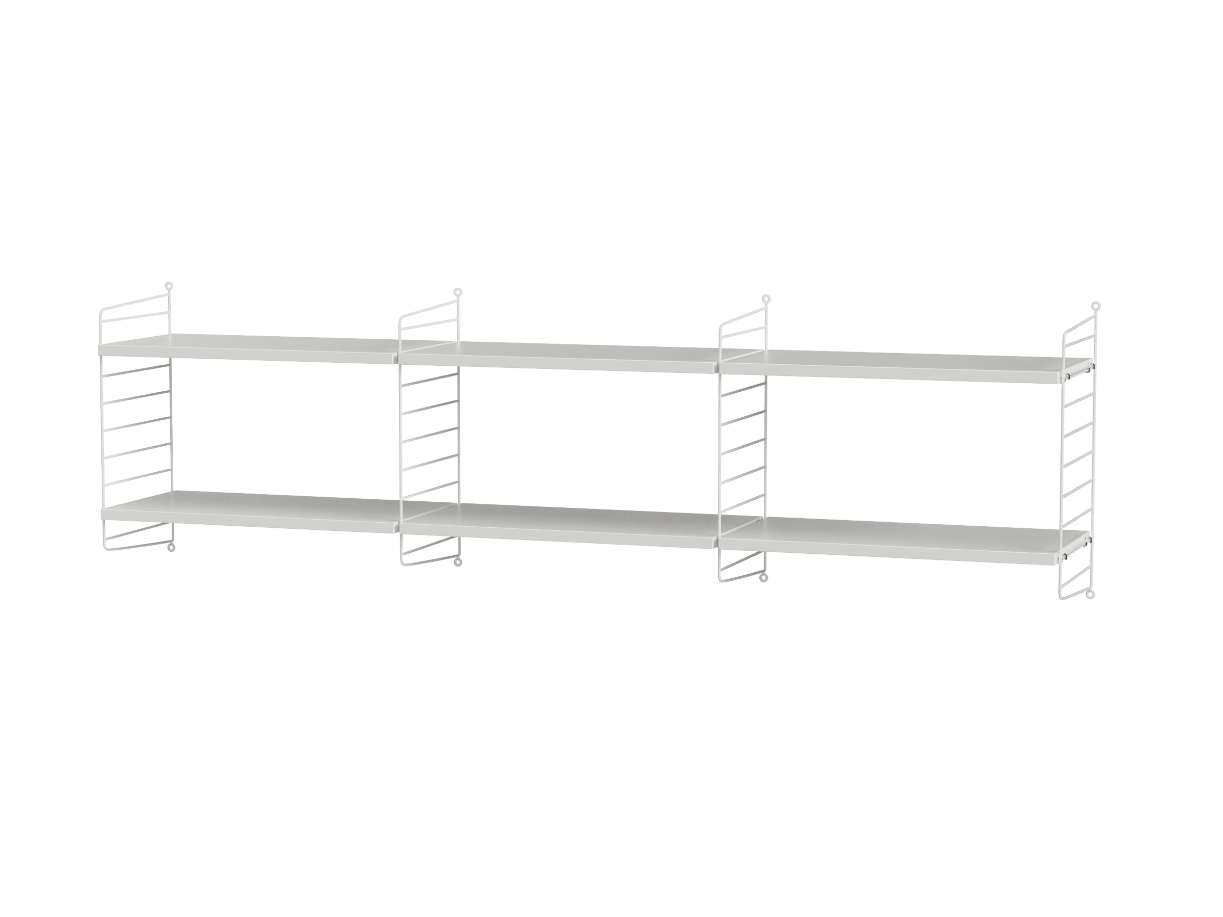 Ultra-simple au premier coup d'œil, mais cependant bien pratique. Combinaison à fixer au mur dotée de six étagères réparties sur trois sections. Déposez-y ce que vous voulez, des livres aux affiches encadrées.