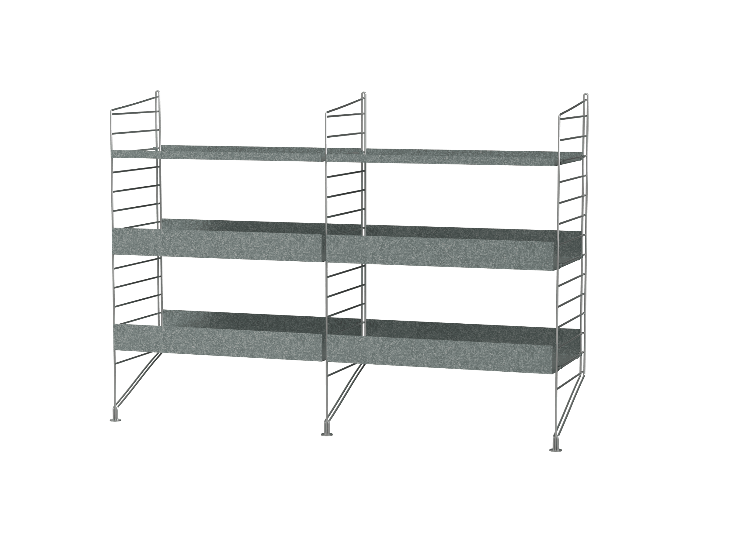 Esta combinación de dos secciones montada en suelo se ha diseñado para uso al aire libre. La superficie de los paneles y los estantes galvanizados cambia con el tiempo ofreciendo una bonita pátina. La combinación de estantes de borde alto y bajo aporta carácter a la unidad.