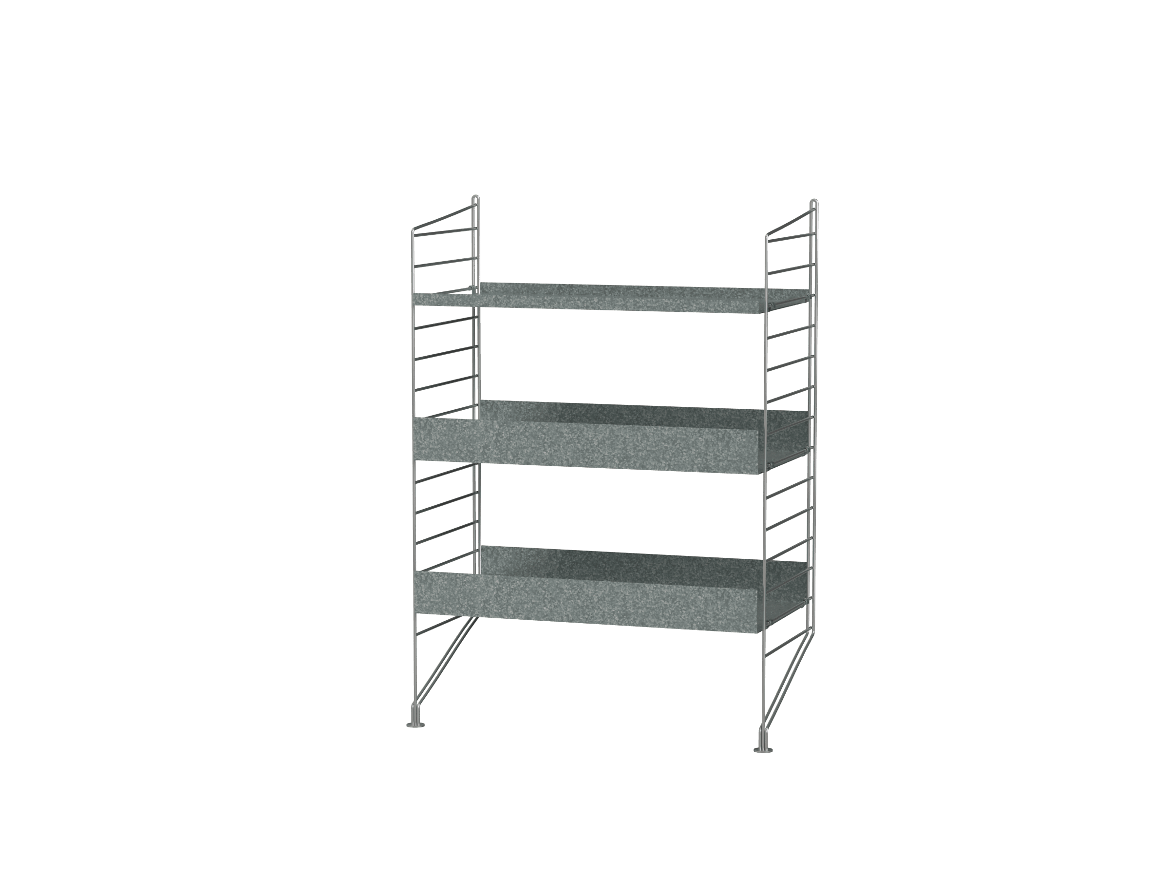 Cette combinaison en une section à poser au sol est conçue pour une utilisation en extérieur. Composée de montants et d'étagères galvanisé, la surface se patine avec le temps. Une combinaison d'étagères à bord haut et bas lui confère un certain caractère.