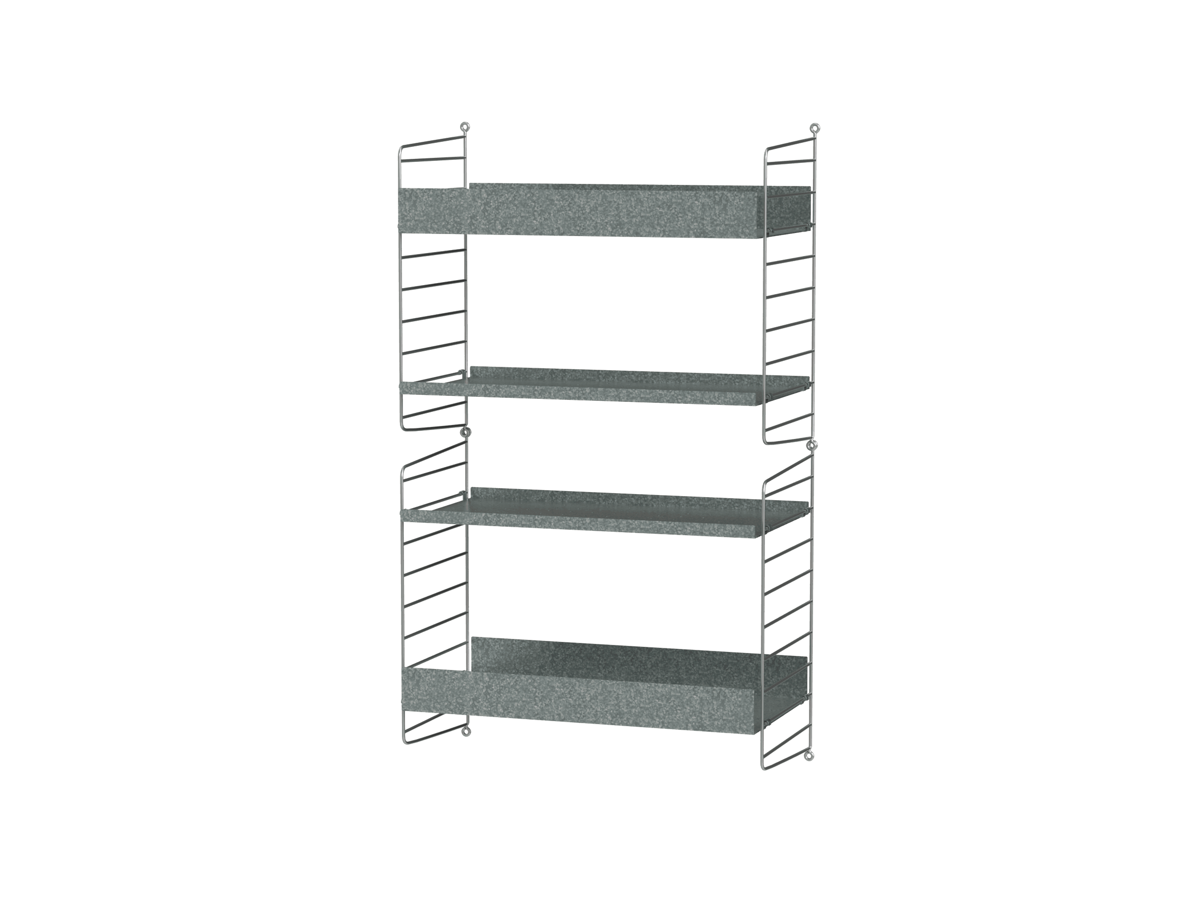 This wall-hung two-section combination is intended for outdoor use. With galvanized panels and shelves, the surface changes with time and leaves you with a beautiful patina. A combination of shelves with high and low edge gives the unit character.