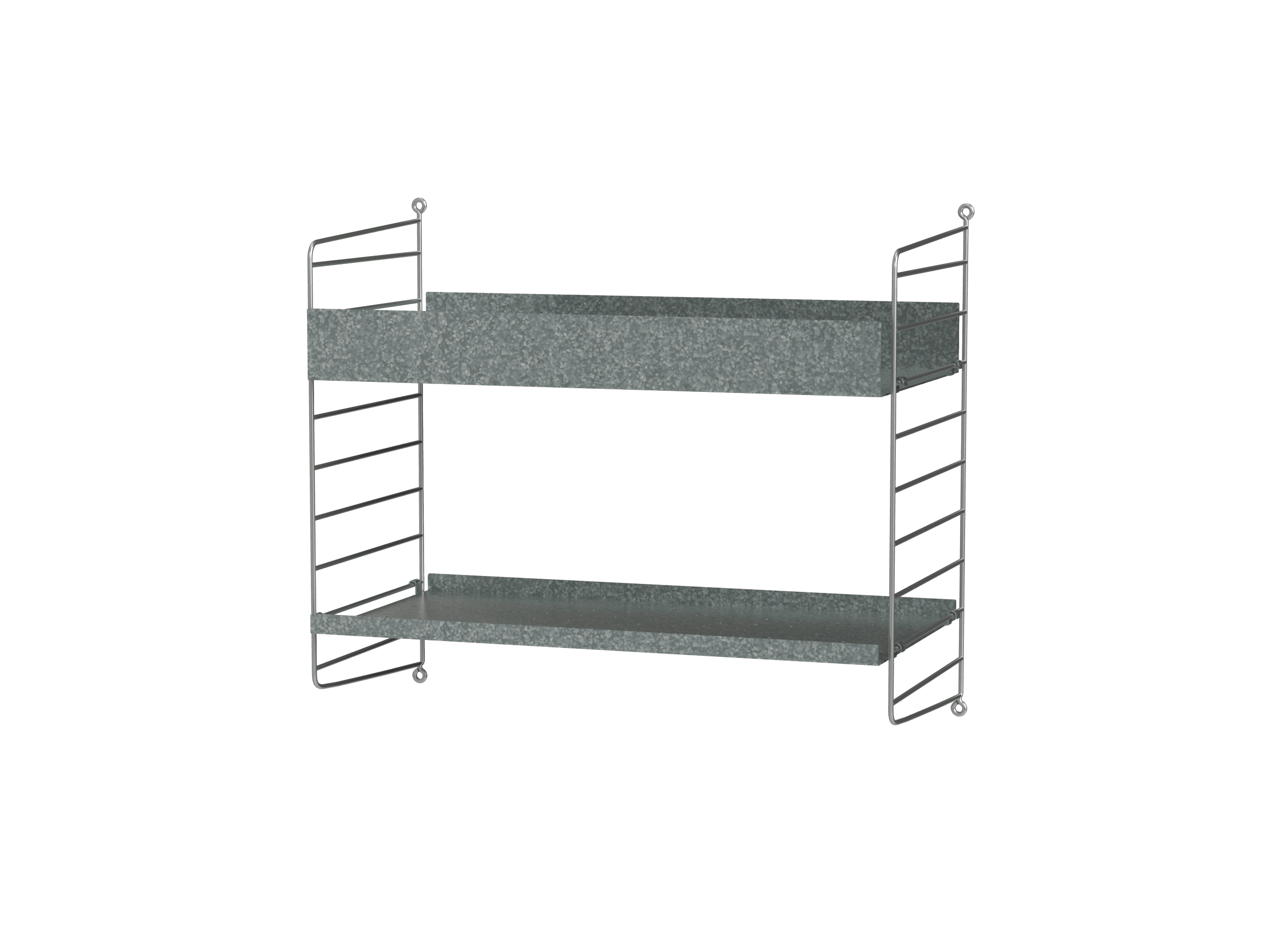 Diese wandhängende Kombination mit einer einzelnen Regaleinheit ist für den Außenbereich gedacht. Die Regalleitern und Regalböden sind galvanisiert. Die Oberfläche verändert sich mit der Zeit und entwickelt eine wunderschöne Patina. Die Kombination aus Regalböden mit hoher und niedriger Kante verleiht der Lösung Charakter.