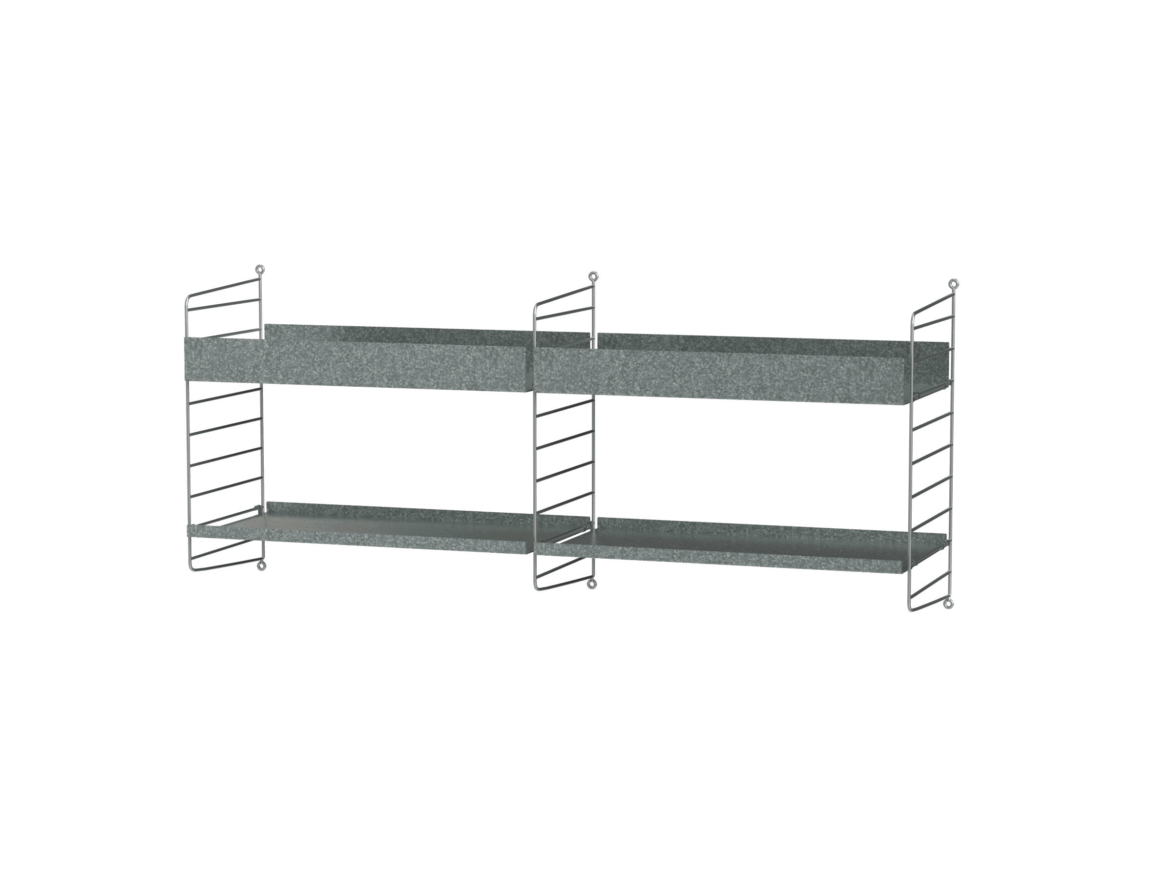 Diese wandhängende Kombination mit zwei Regaleinheiten ist für den Außenbereich gedacht. Die Regalleitern und Regalböden sind galvanisiert. Die Oberfläche verändert sich mit der Zeit und entwickelt eine wunderschöne Patina. Die Kombination aus Regalböden mit hoher und niedriger Kante verleiht der Lösung Charakter.