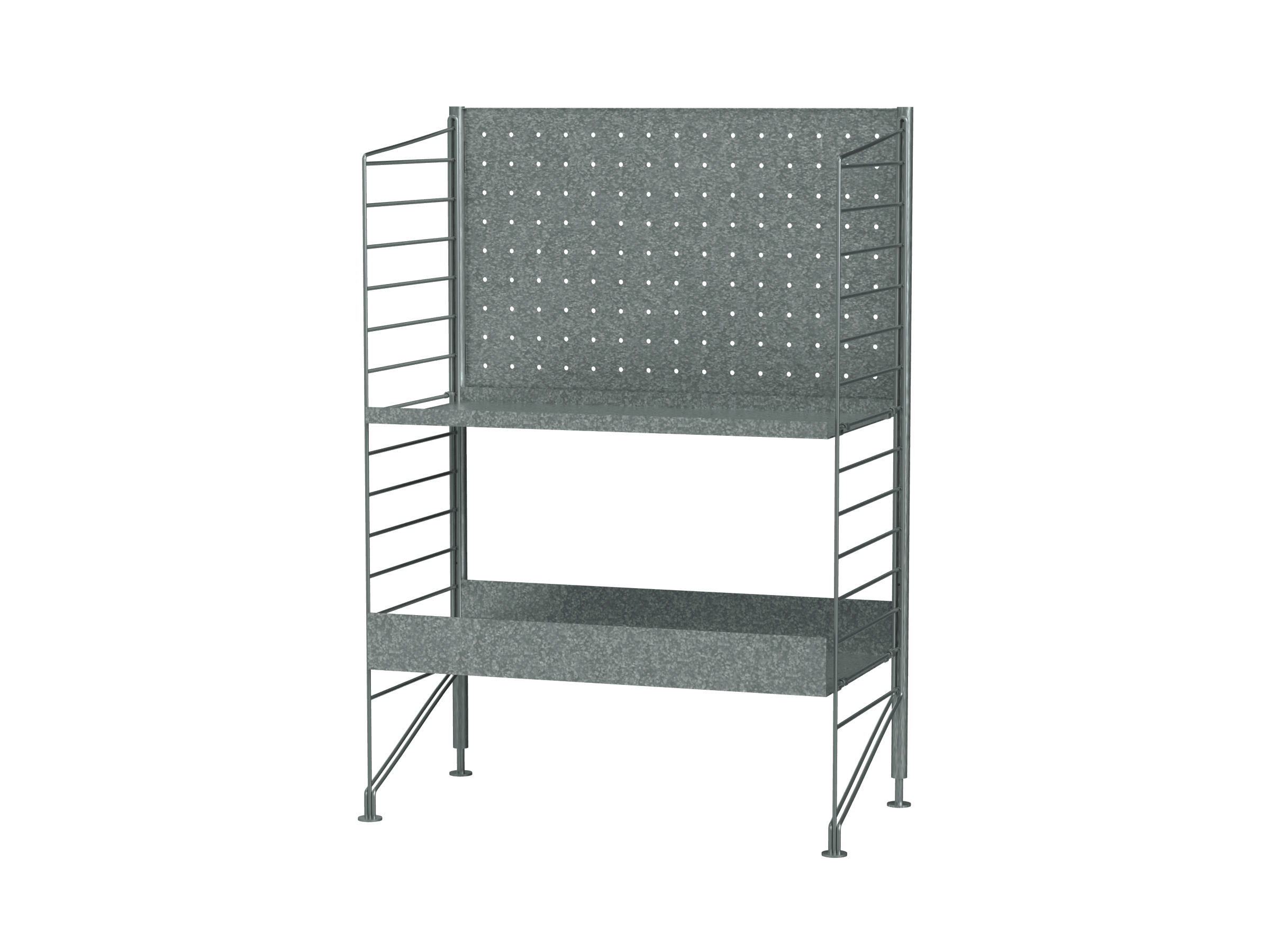 Estantería galvanizada autoportante para uso en exteriores. Esta combinación más pequeña de una sección resulta ideal para espacios exteriores más reducidos, como un balcón. Con un estante metálico galvanizado de borde alto y otro de borde bajo, esta combinación ofrece un gran espacio de almacenamiento para artículos de mayor tamaño. El material galvanizado cambia con el tiempo y deja una bonita pátina.