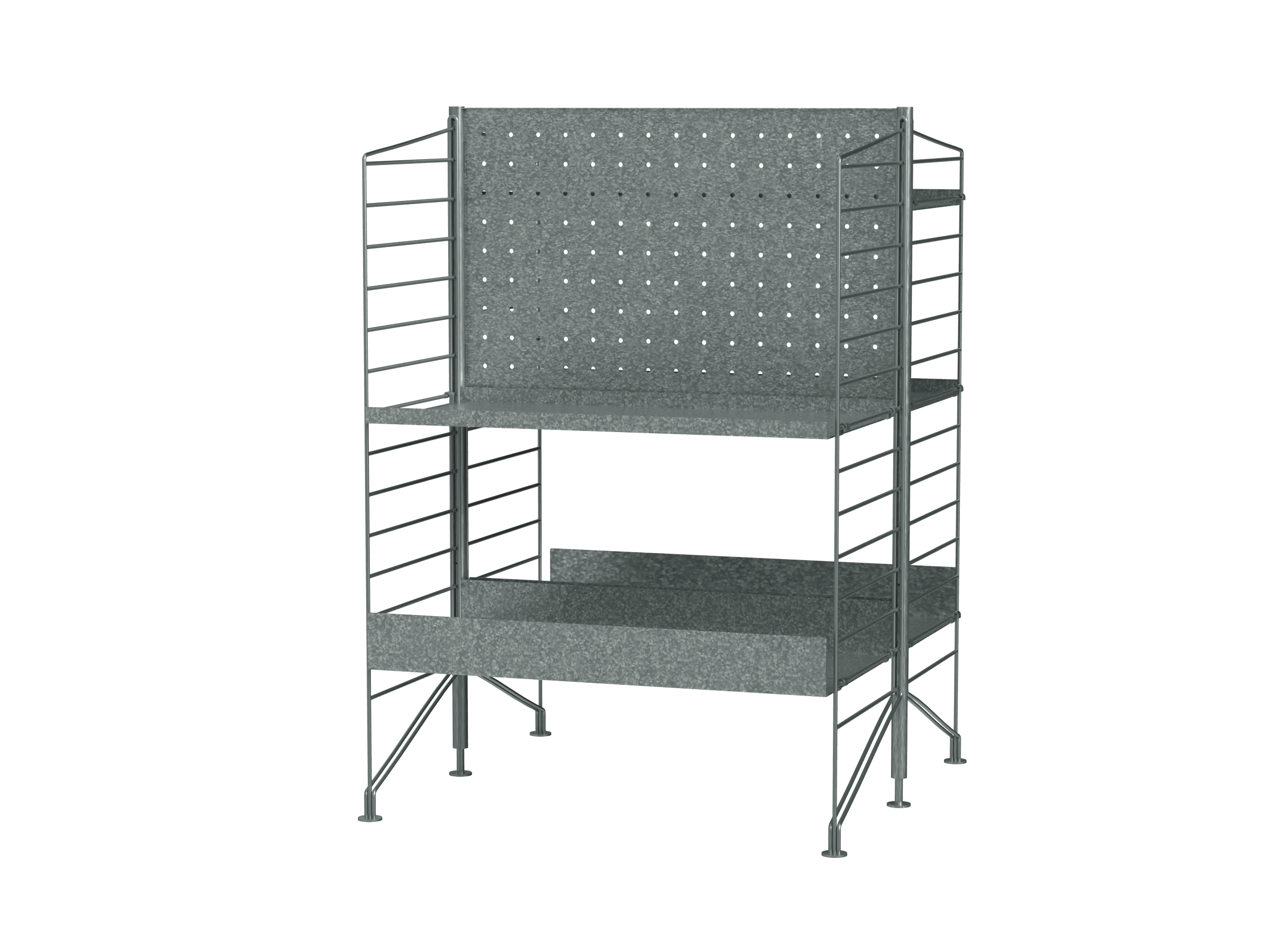 Étagère autoportante galvanisée destinée à un usage extérieur. Cette combinaison de petite taille à un élément est optimisée grâce à des étagères de chaque côté. L’association d’étagères métalliques galvanisées à bord haut et à bord bas lui confère du caractère et d’importantes capacités de rangement. Le matériau galvanisé évolue au cours du temps et se pare d’une belle patine.