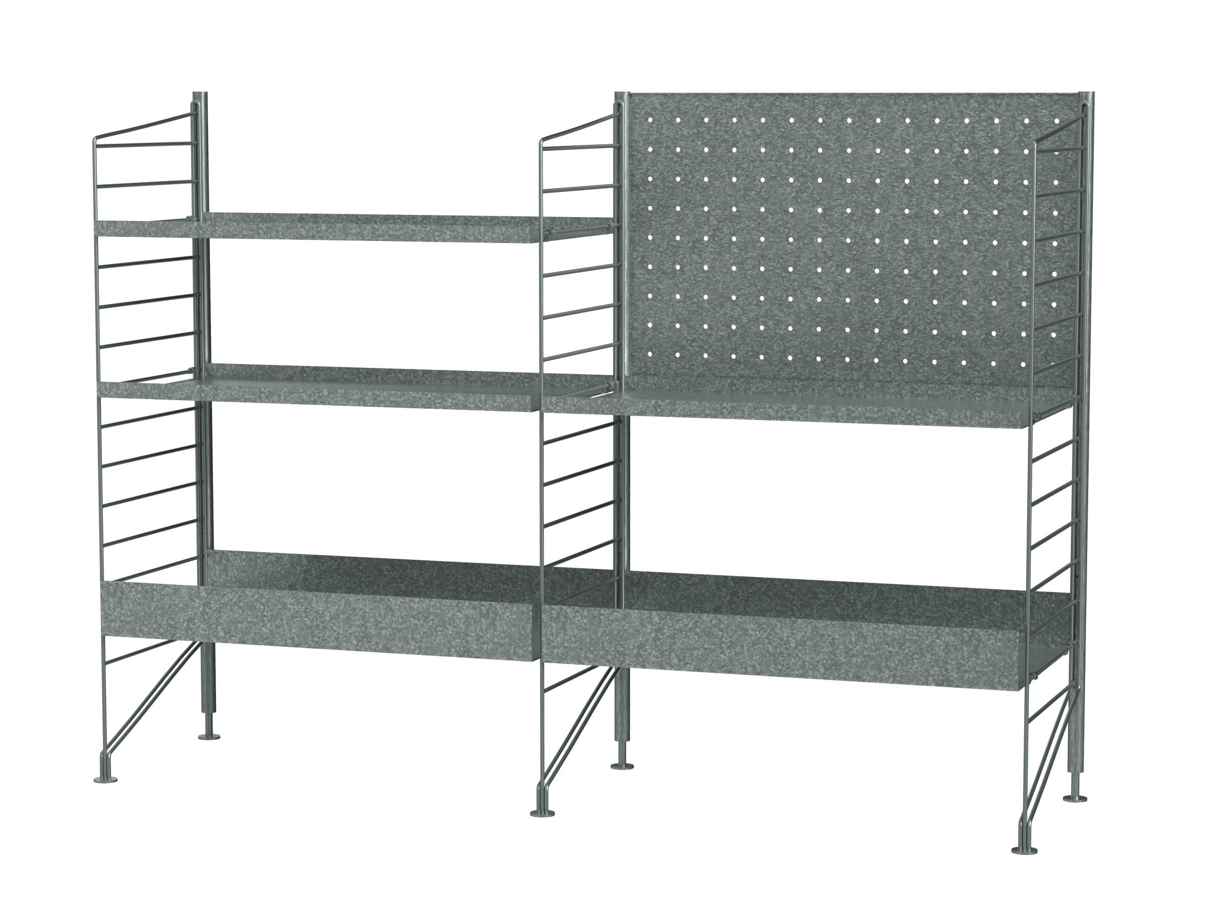 Estantería galvanizada autoportante para uso en exteriores. Esta combinación de dos secciones de tamaño mediano encaja a la perfección en grandes balcones o patios. La combinación de estantes metálicos galvanizados con bordes altos y bajos confiere carácter a la estantería y le permite más posibilidades de almacenamiento. El material galvanizado cambia con el tiempo y deja una bonita pátina.