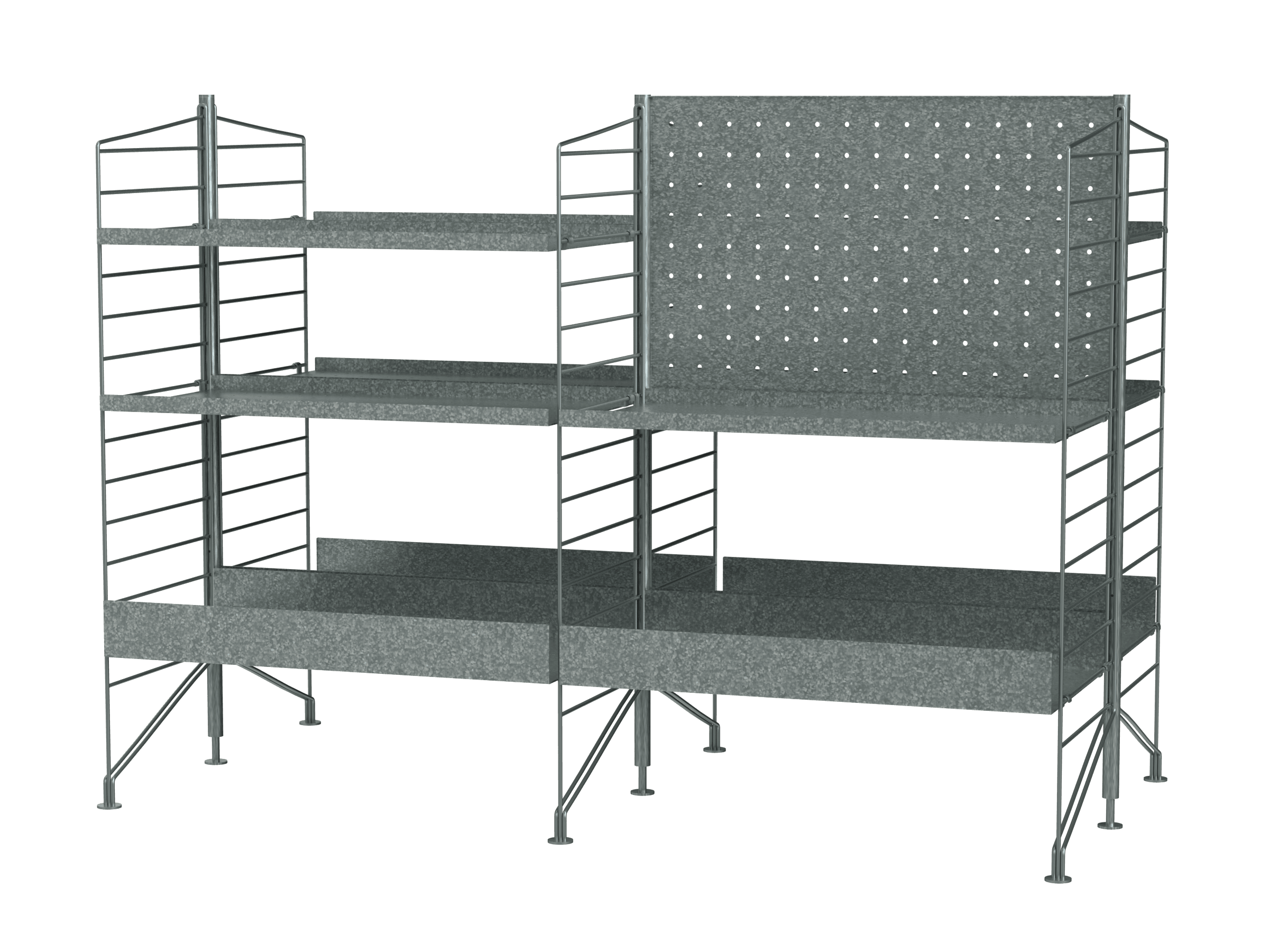 Étagère autoportante galvanisée destinée à un usage extérieur. Cette combinaison de taille moyenne à deux éléments est optimisée grâce à des étagères de chaque côté. L’association d’étagères métalliques galvanisées à bord haut et à bord bas lui confère du caractère et d’importantes capacités de rangement. Le matériau galvanisé évolue au cours du temps et se pare d’une belle patine.