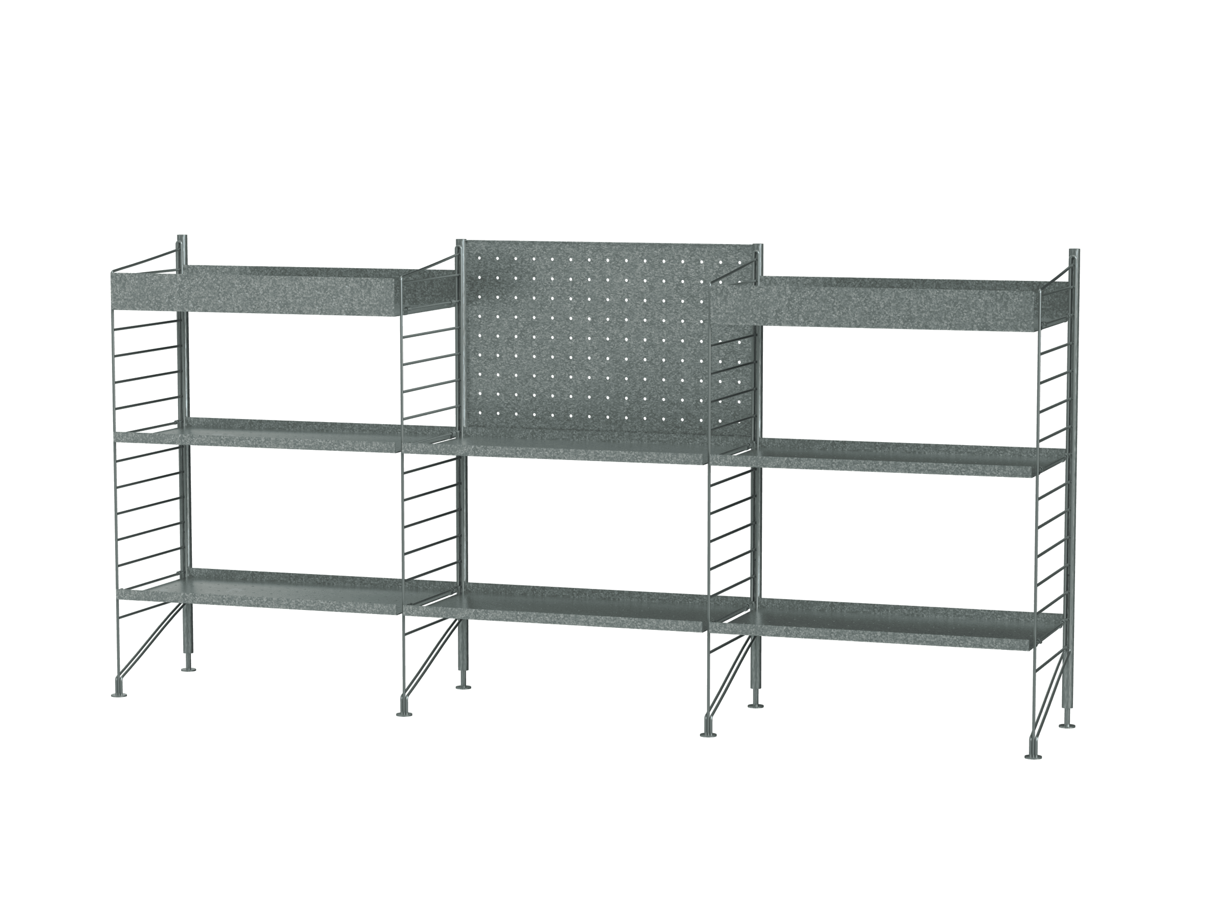 Estantería galvanizada autoportante para uso en exteriores. Esta combinación de tres secciones más grande resulta perfecta para balcones o patios de mayor superficie. La combinación de estantes metálicos galvanizados con bordes altos y bajos confiere carácter a la estantería y le permite más posibilidades de almacenamiento. El material galvanizado cambia con el tiempo y deja una bonita pátina.