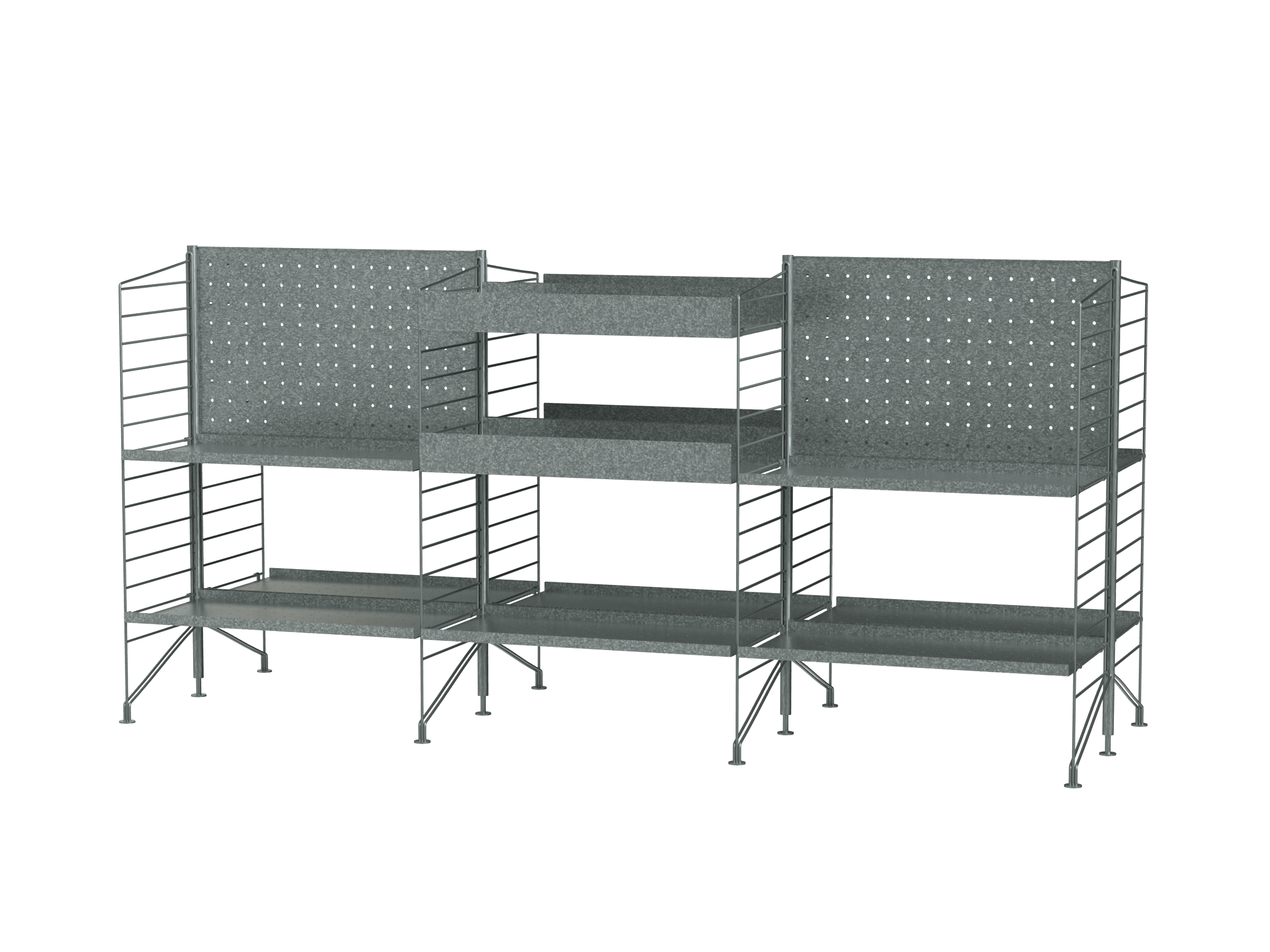 Étagère autoportante galvanisée destinée à un usage extérieur. Cette combinaison de grande taille à trois éléments est optimisée grâce à des étagères de chaque côté. L’association d’étagères métalliques galvanisées à bord haut et à bord bas lui confère l’aspect d’une combinaison. Le matériau galvanisé évolue au cours du temps et se pare d’une belle patine.