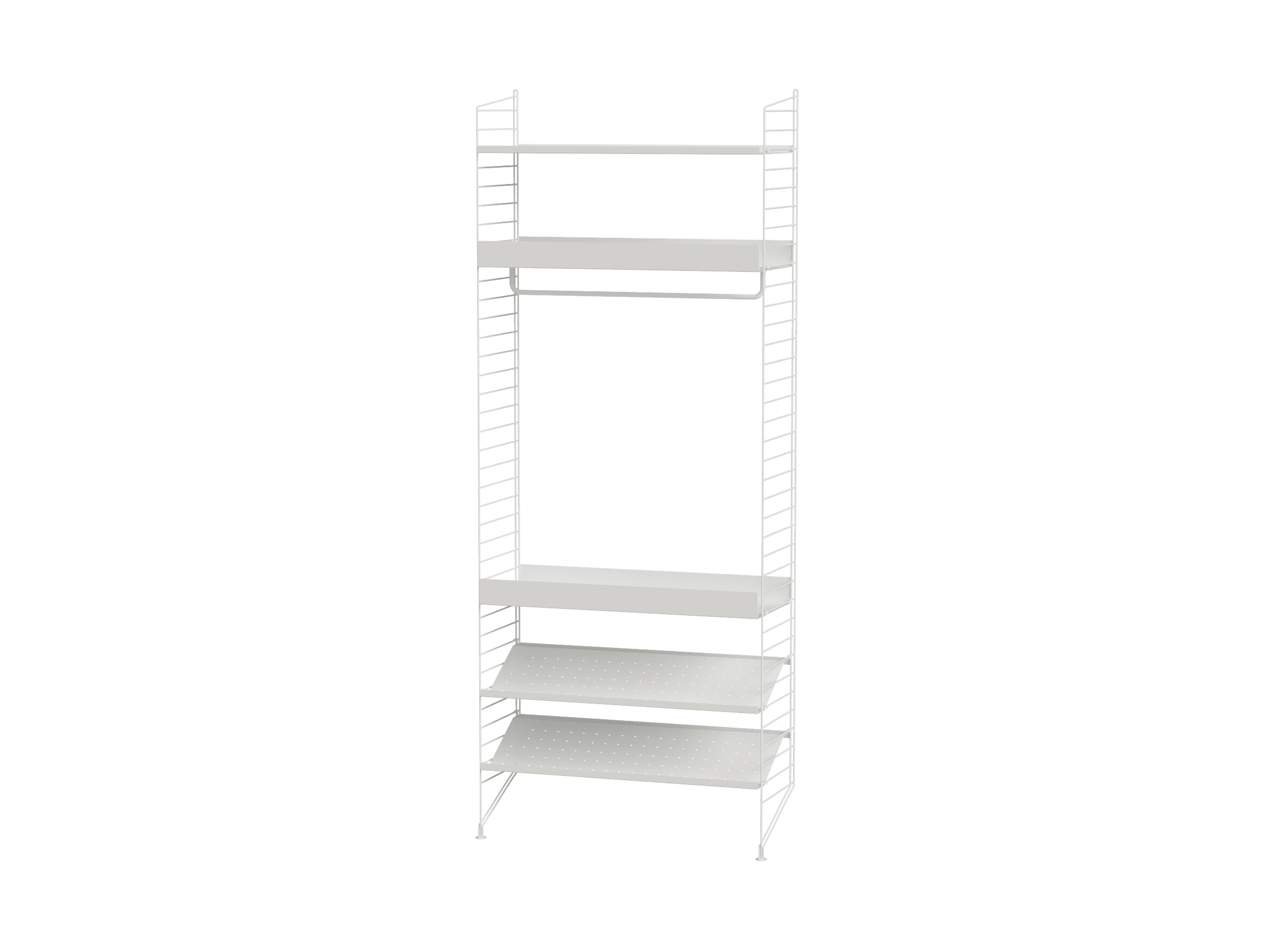 For the medium sized bedroom this one-section combination got you covered. Shoe shelves, metal shelves with high edge, metal shelf with low edge and a rod to hang your clothes.