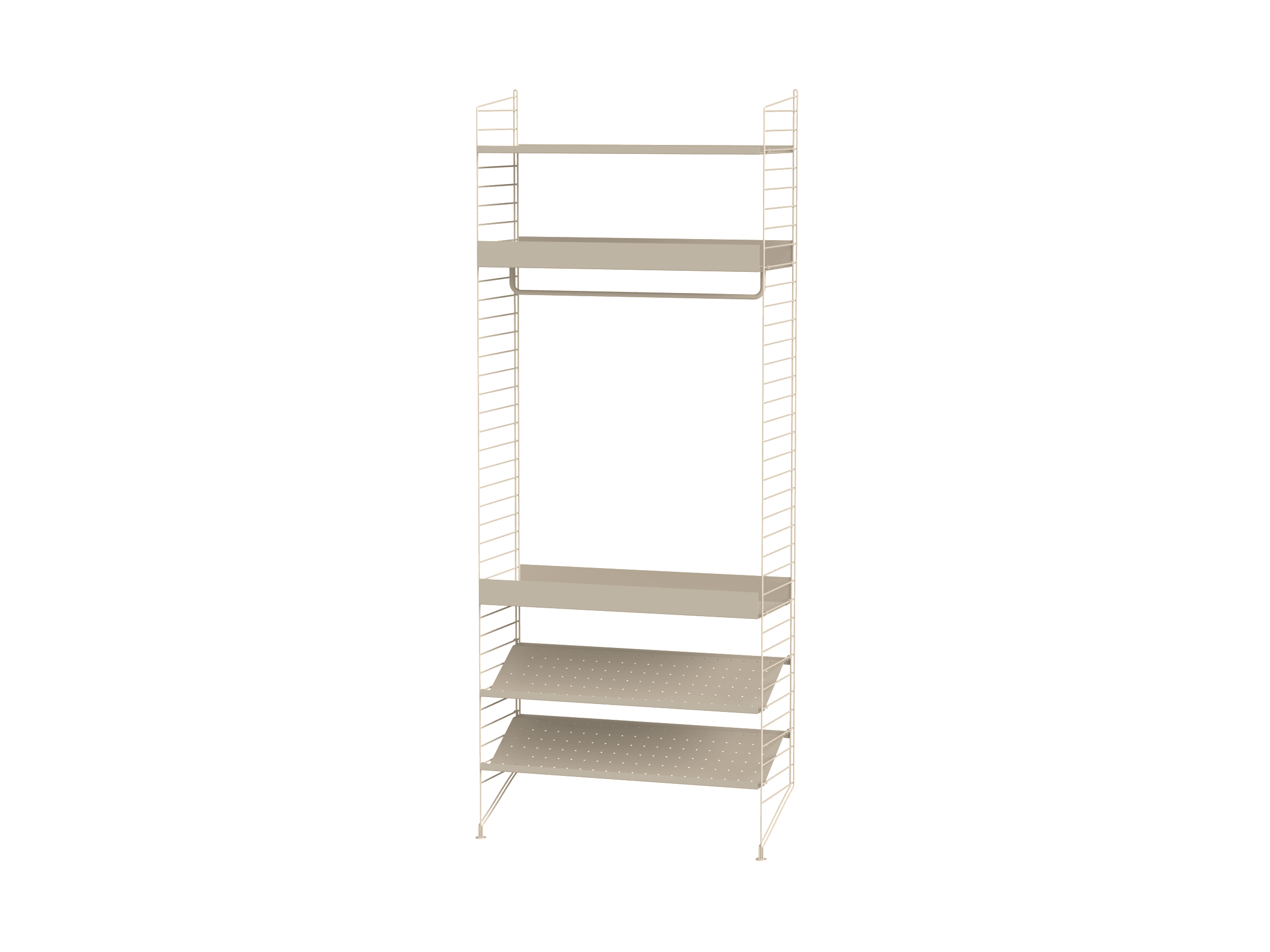 For the medium sized bedroom this one-section combination got you covered. Shoe shelves, metal shelves with high edge, metal shelf with low edge and a rod to hang your clothes.