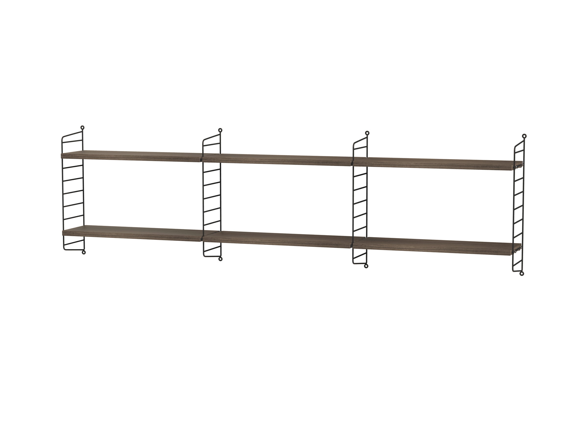 Tre-sektion hyllsystem perfekt som ensamstående hylla eller som en kreativ typ av nattduksbord om hänger över er säng. 50 cm höga gavlar och hyllplan med 20 cm djup gör att systemet ser simpelt och elegant ut.