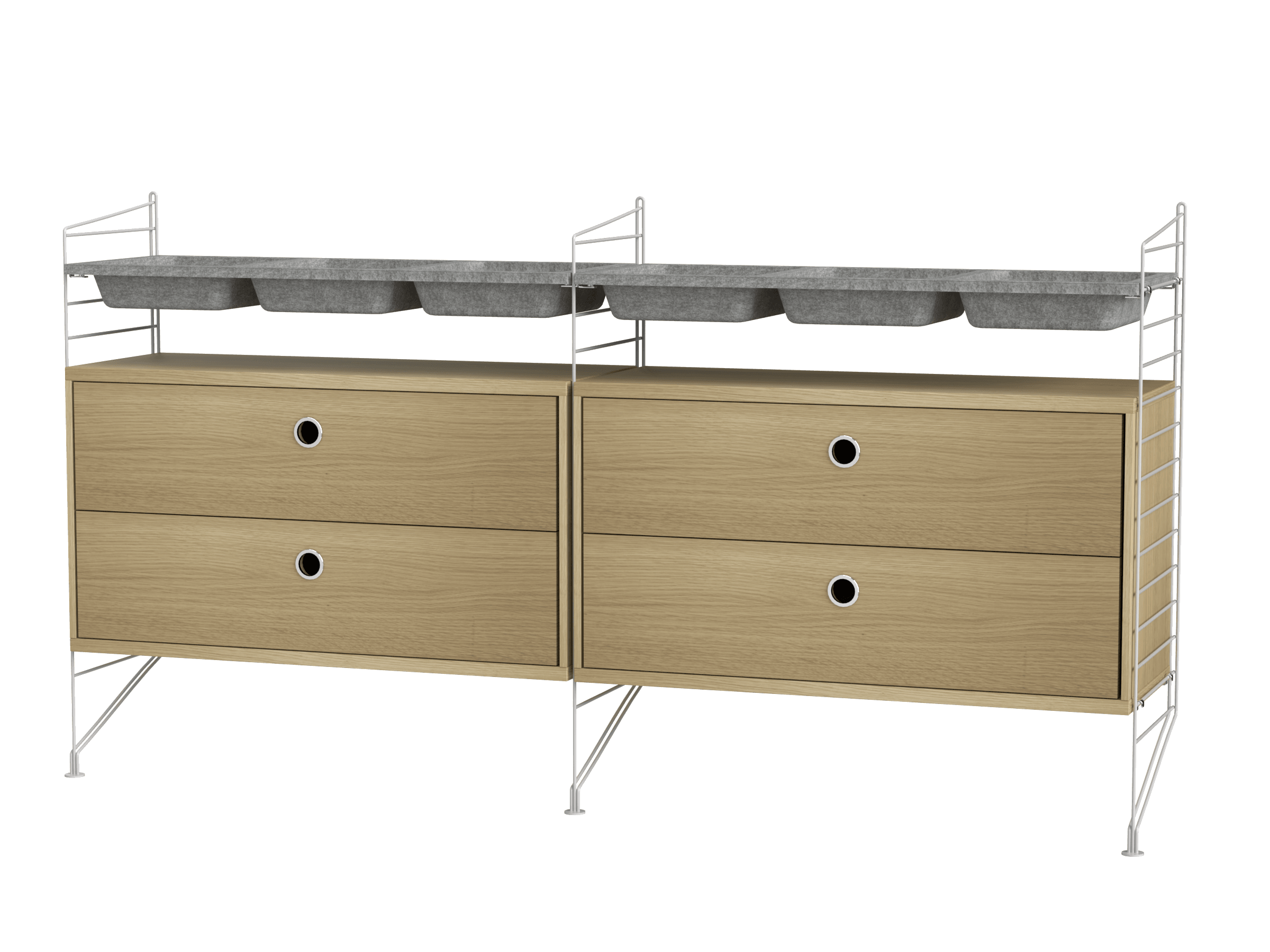 Floor mounted combination created with a bedroom in mind. Drawers to hide and store clothes and bowl shelves to keep track of all those small things like belts, cufflinks, chargers, and such.