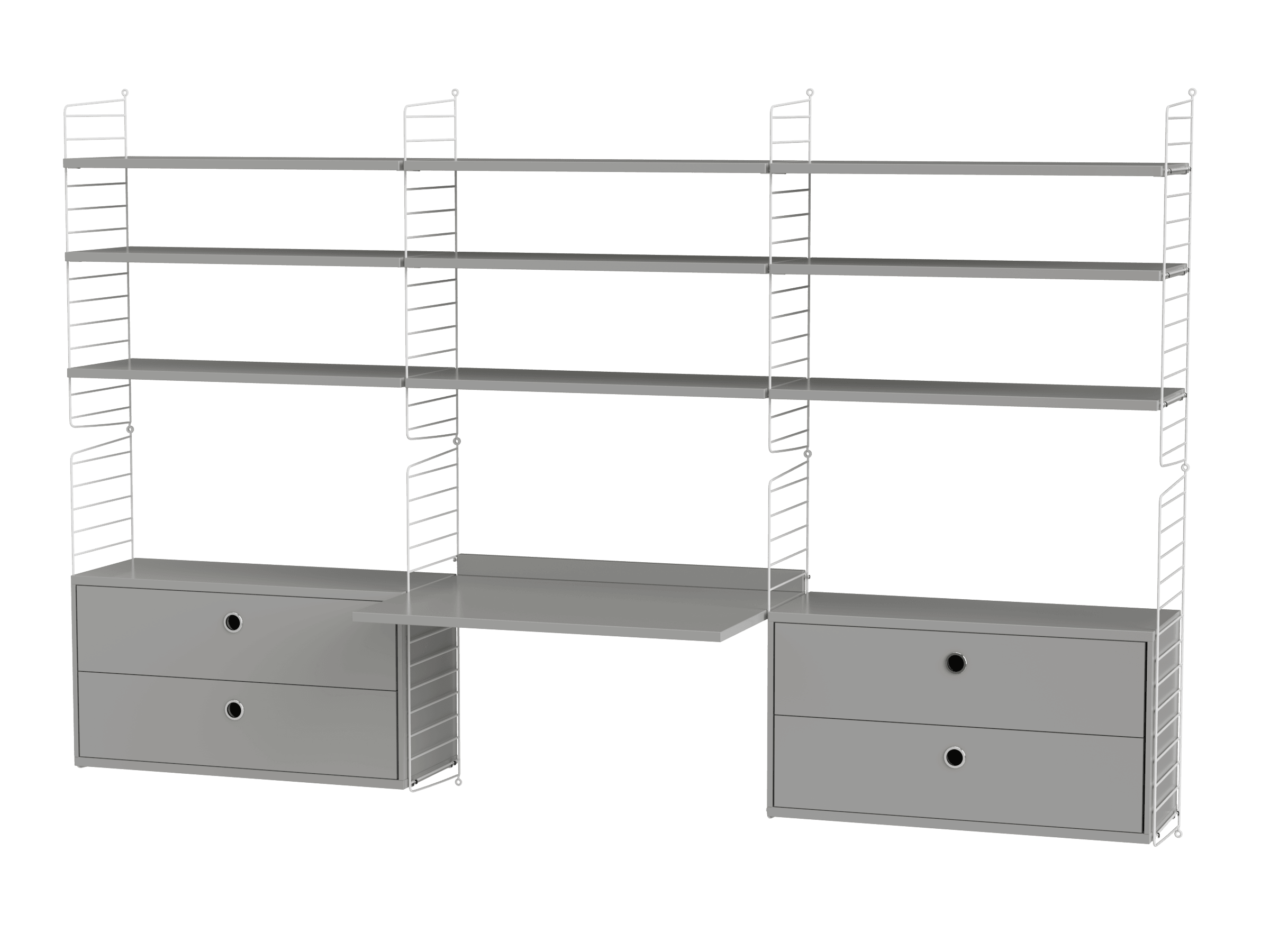 Regardless if your workspace is situated at the office or at home – we have the solution that covers all your needs. For the more spacious workspace we have this wall-hung combination with plenty of shelves, cabinets and a work desk in the middle.