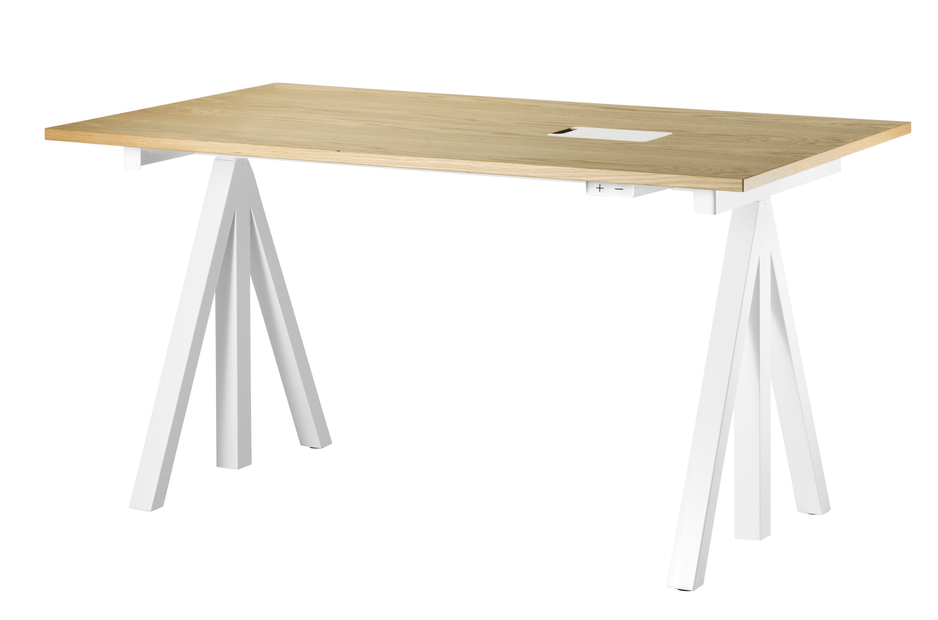 height adjustable work desk, electrical, in oak, 140x78 cm, upright position