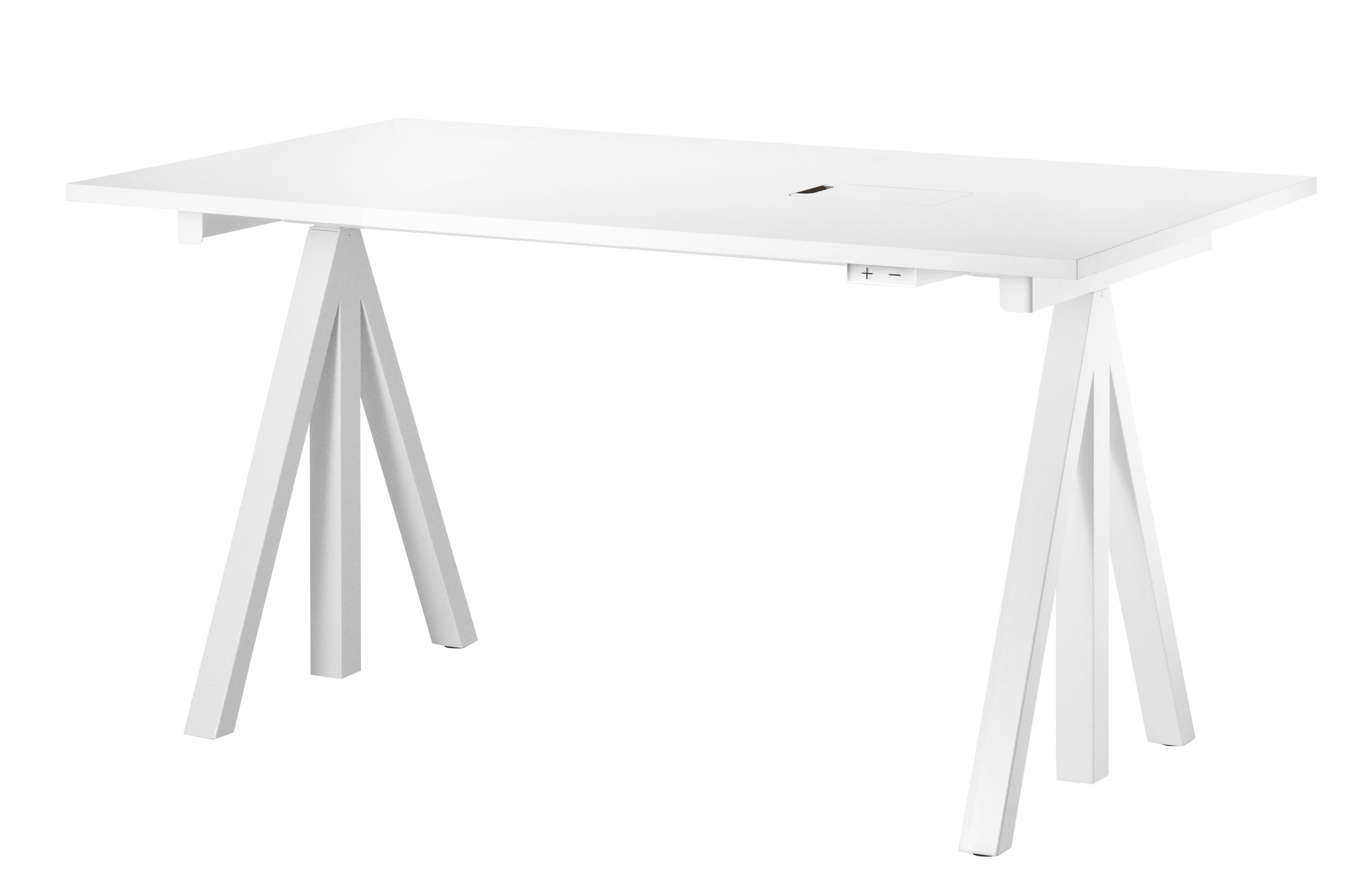 höj- och sänkbart skrivbord, elektriskt, i vitt, 140x78 cm, upphöjt.