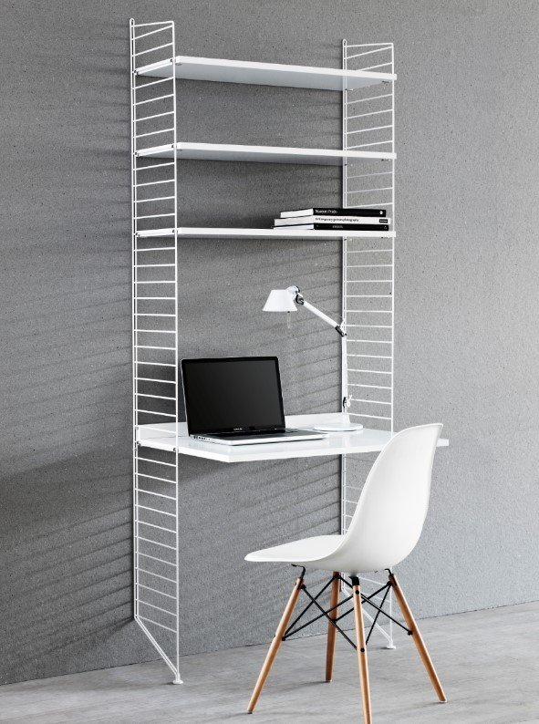 folding table in white. floor panels, shelves, magazine shelves solid and cabinet with sliding doors in white.